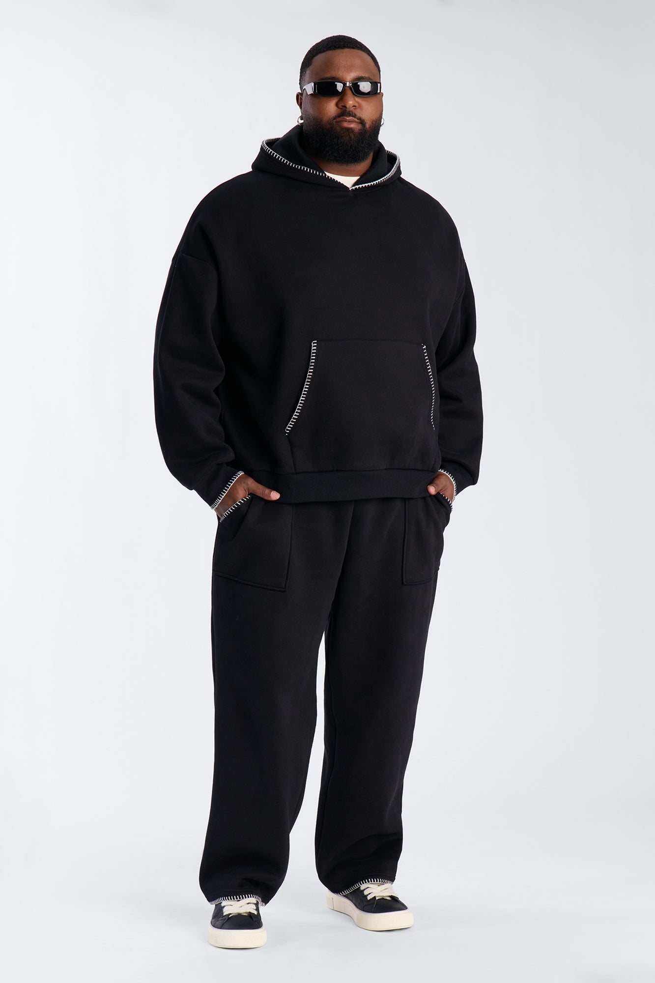 Oversized Contrast Blanket Stitch Hoodie - Black