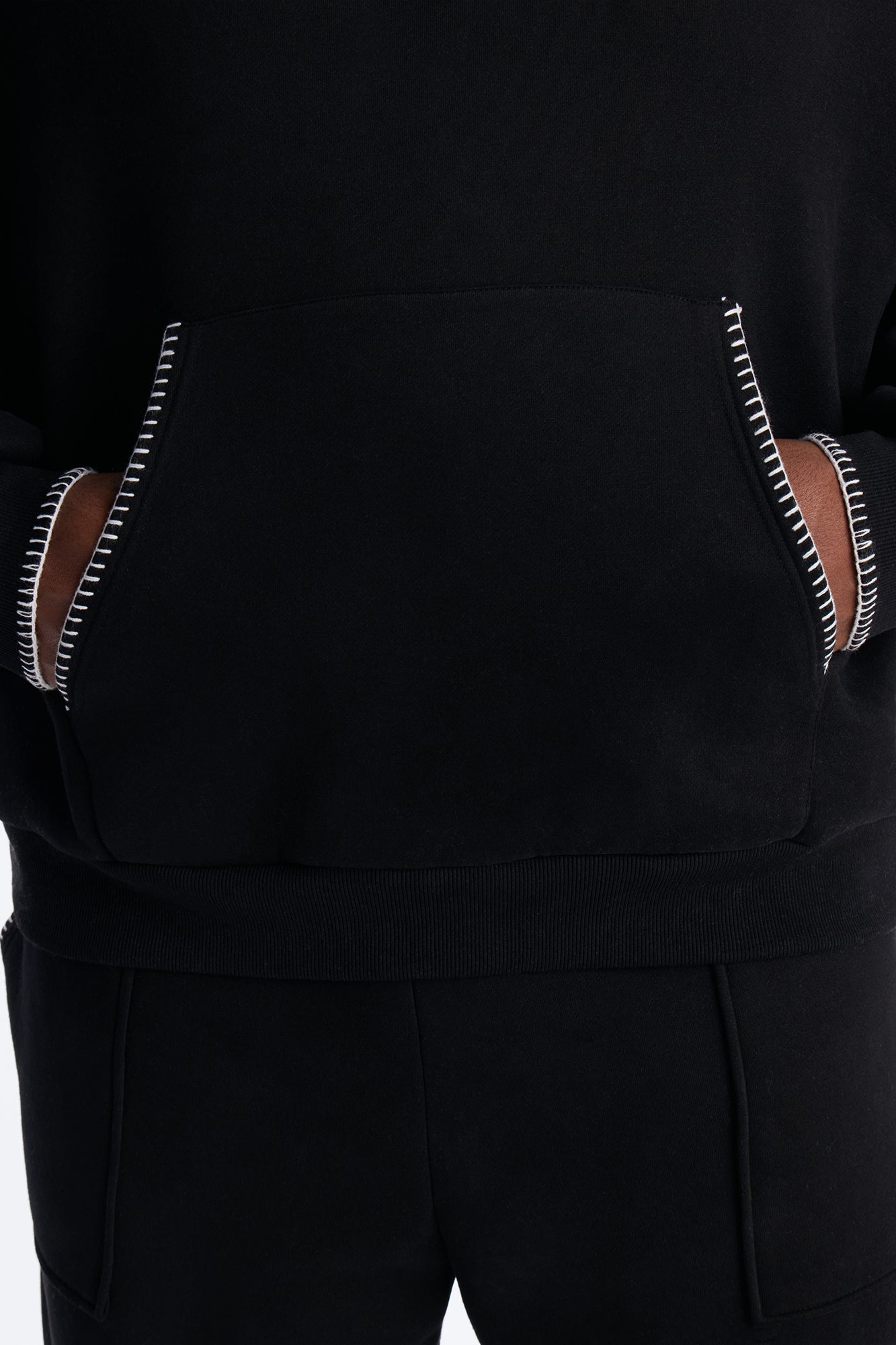 Oversized Contrast Blanket Stitch Hoodie - Black