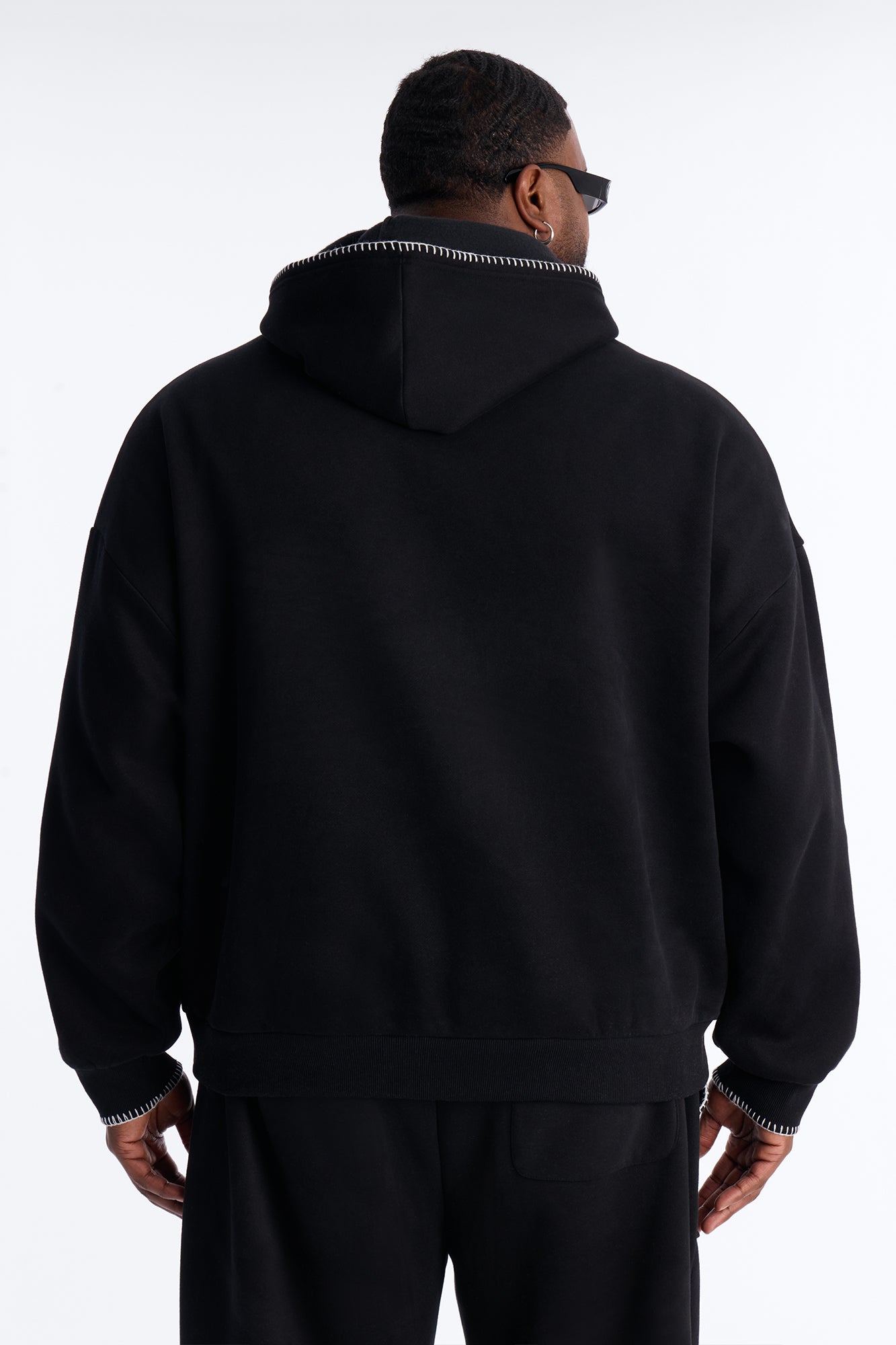 Oversized Contrast Blanket Stitch Hoodie - Black