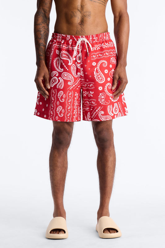 Wild Paisley Printed Swim Trunk 7″ - Red