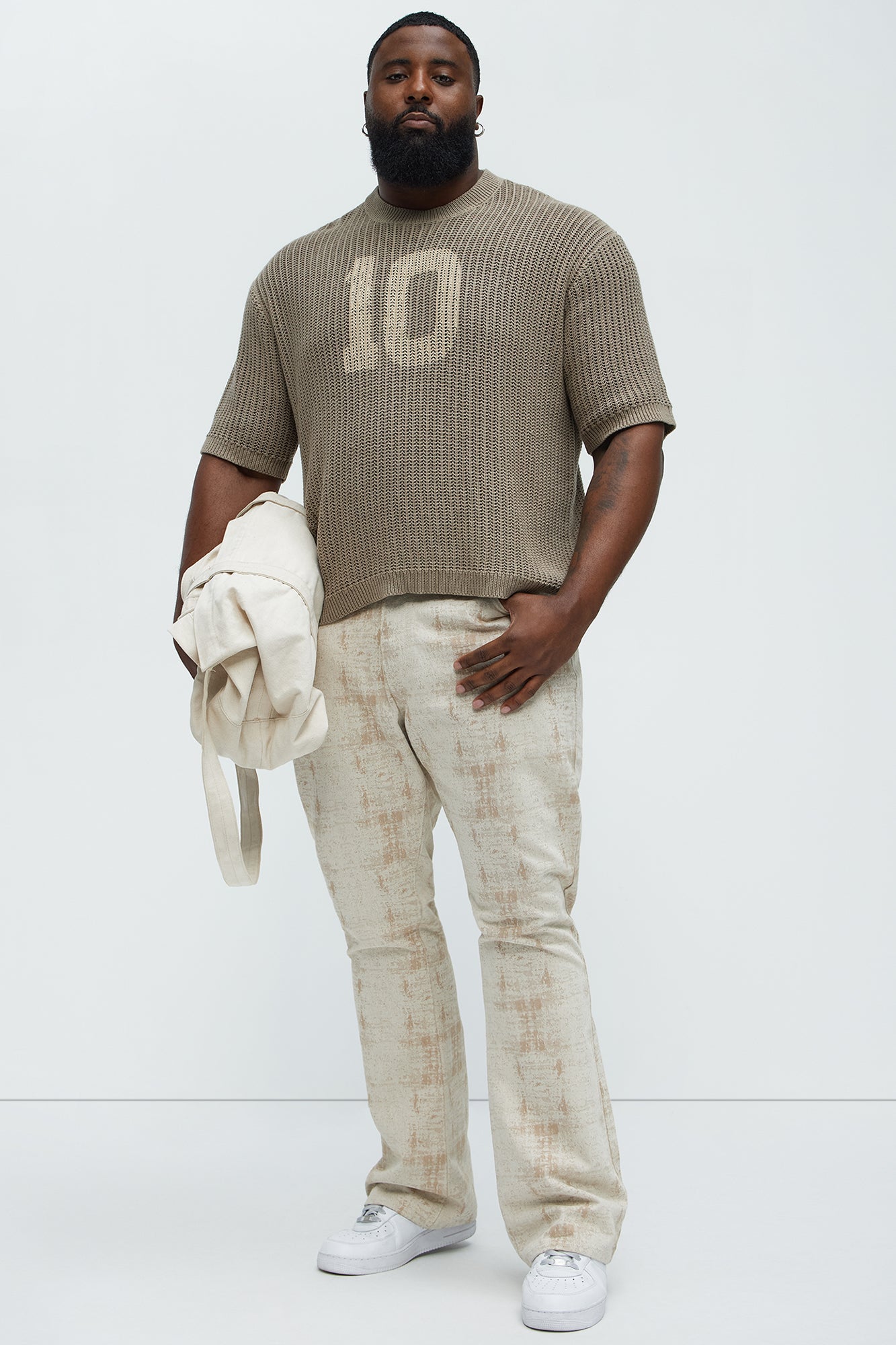 Printed Textured Knit Short Sleeve Tee - Brown