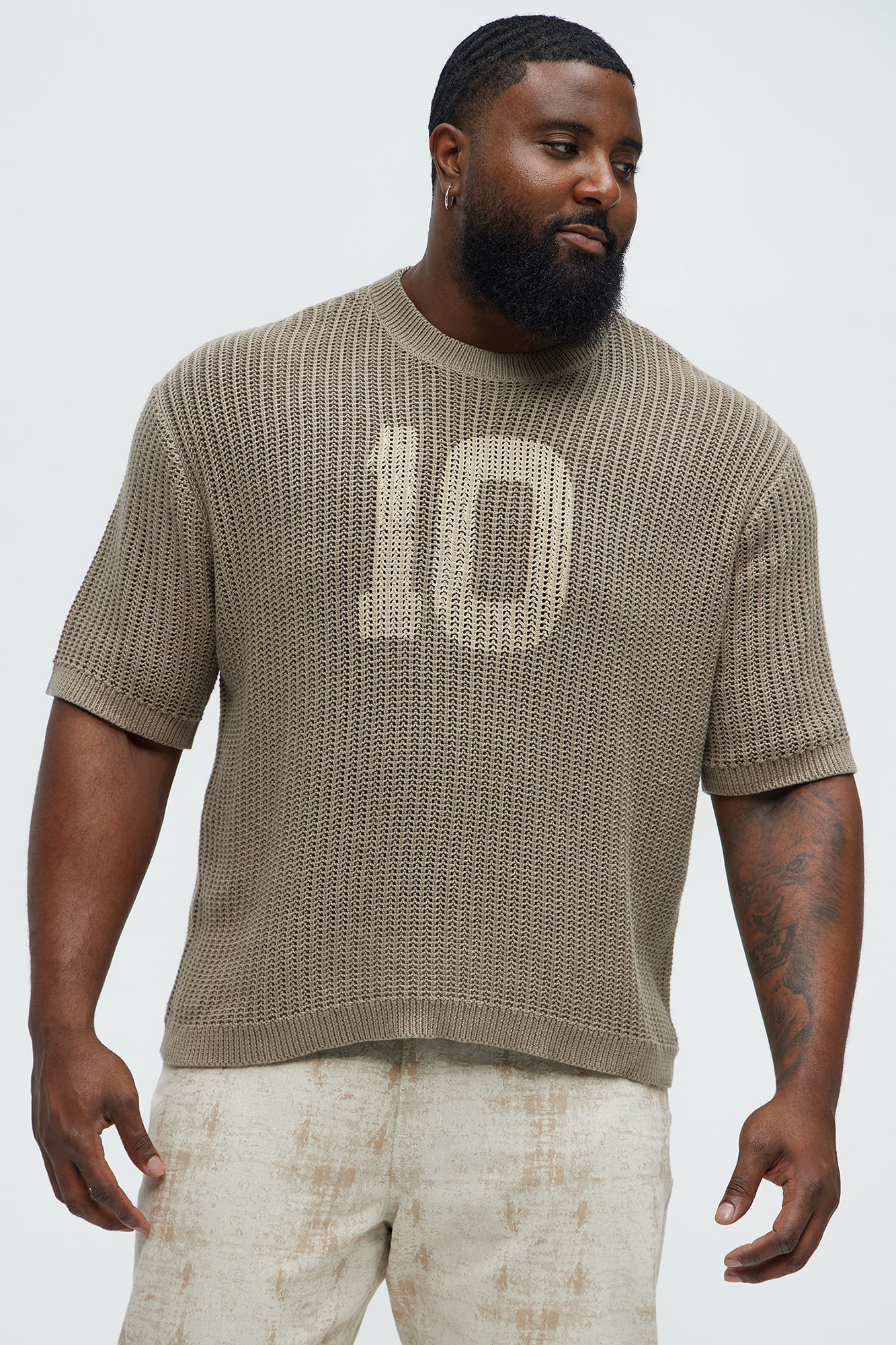 Printed Textured Knit Short Sleeve Tee - Brown