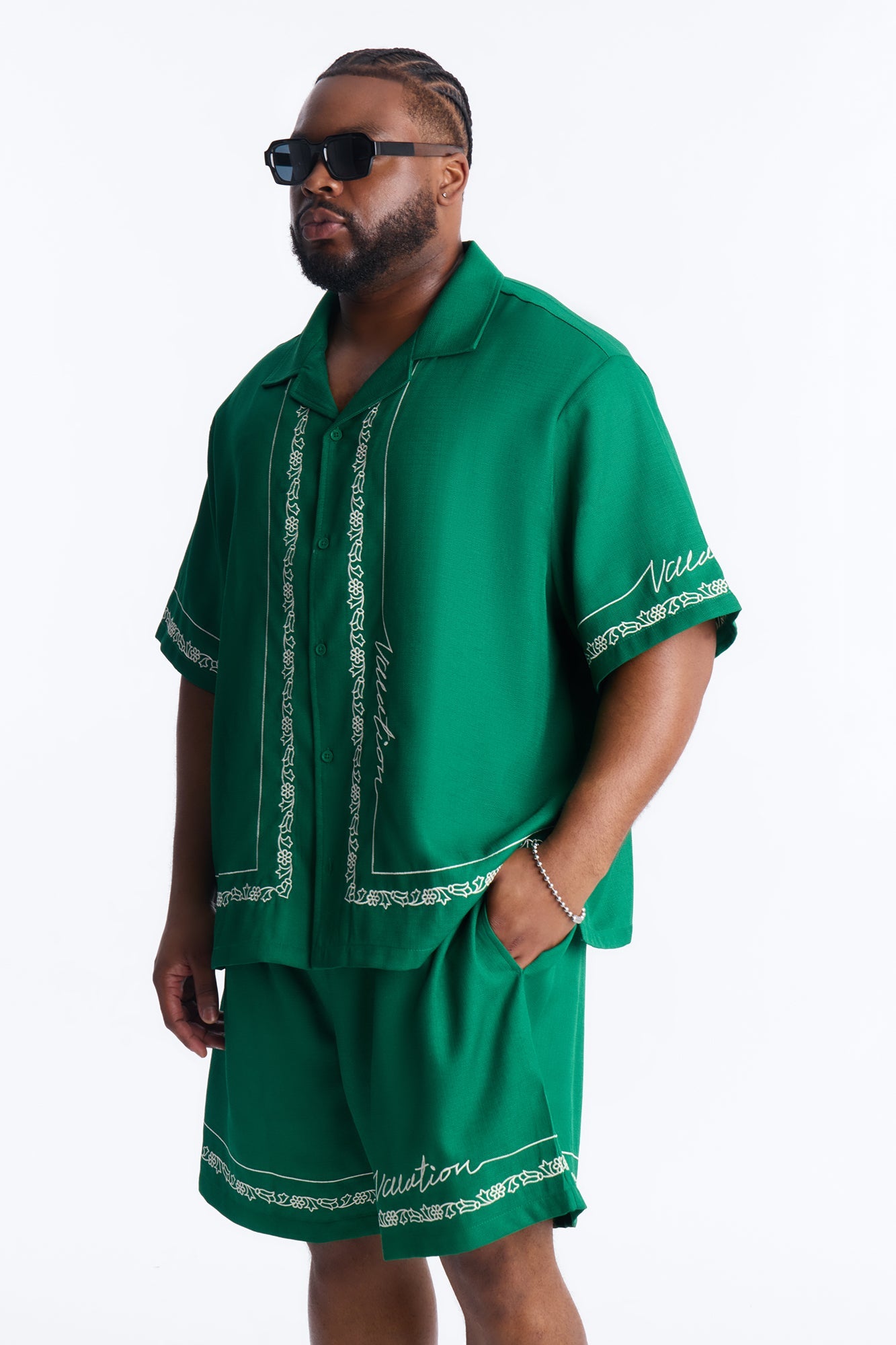 Kingston Embroidered Cuban Collar Button Up Shirt - Green