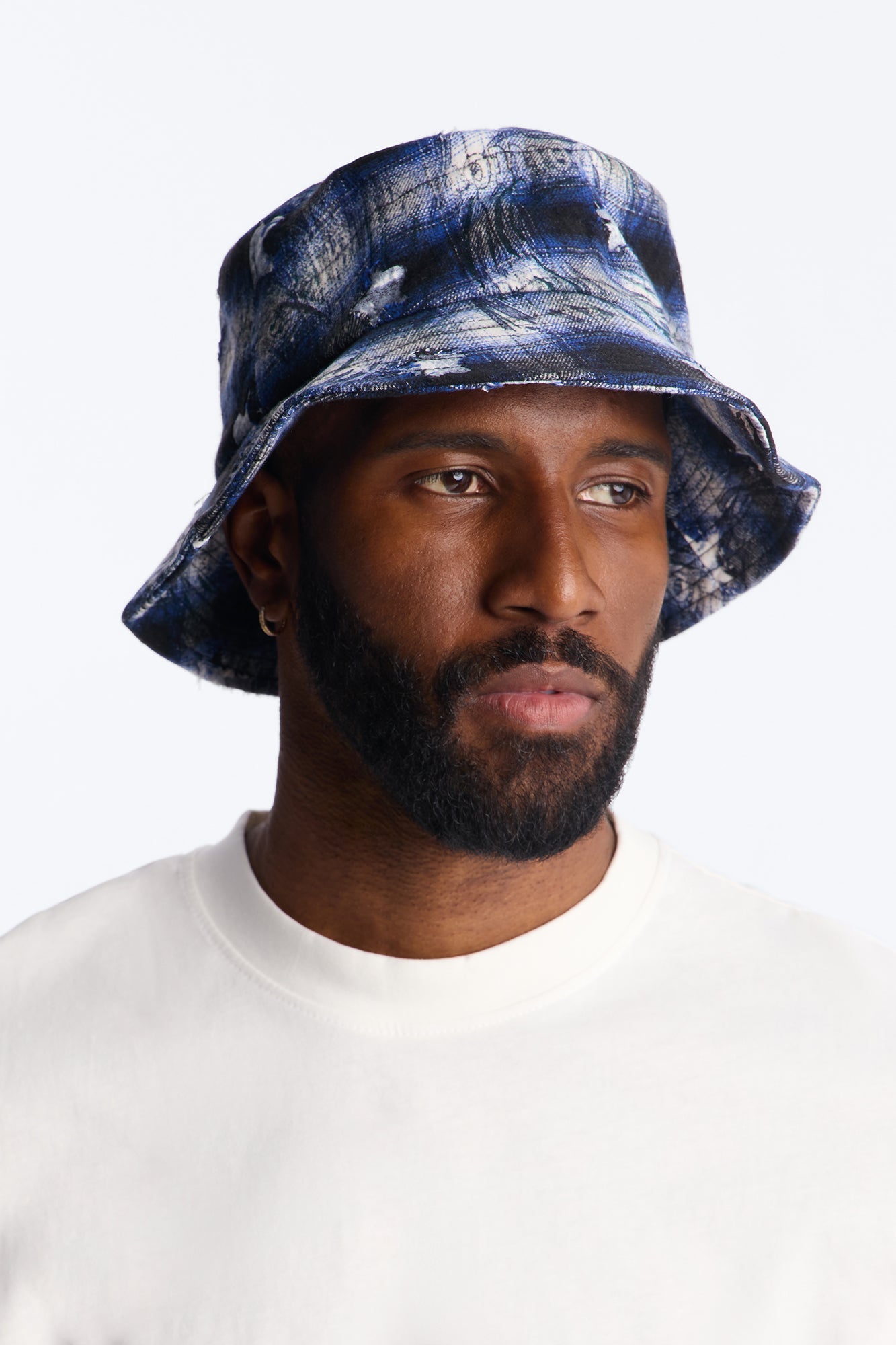 Starlight Washed Plaid Distressed Bucket Hat - Blue