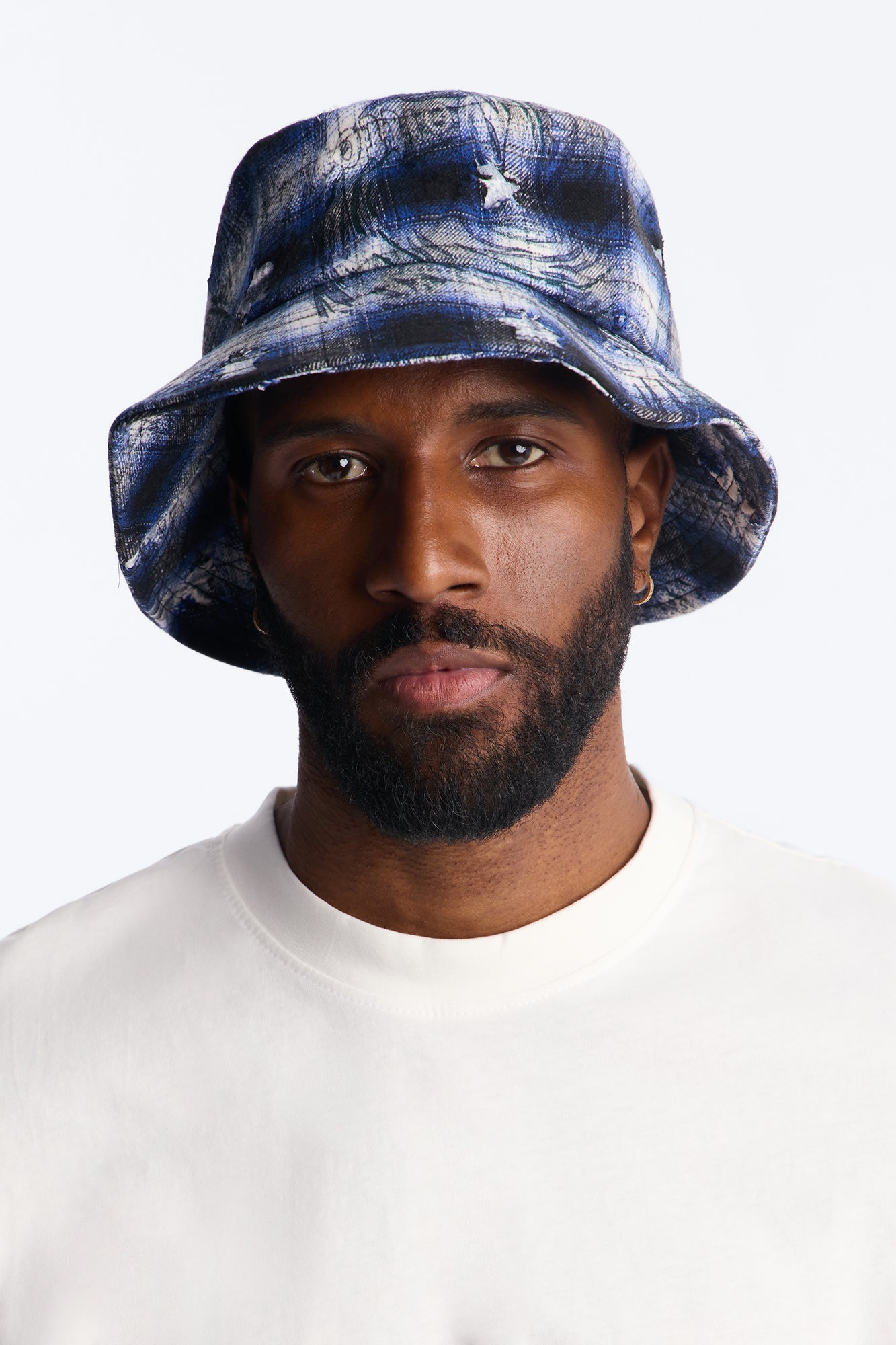 Starlight Washed Plaid Distressed Bucket Hat - Blue