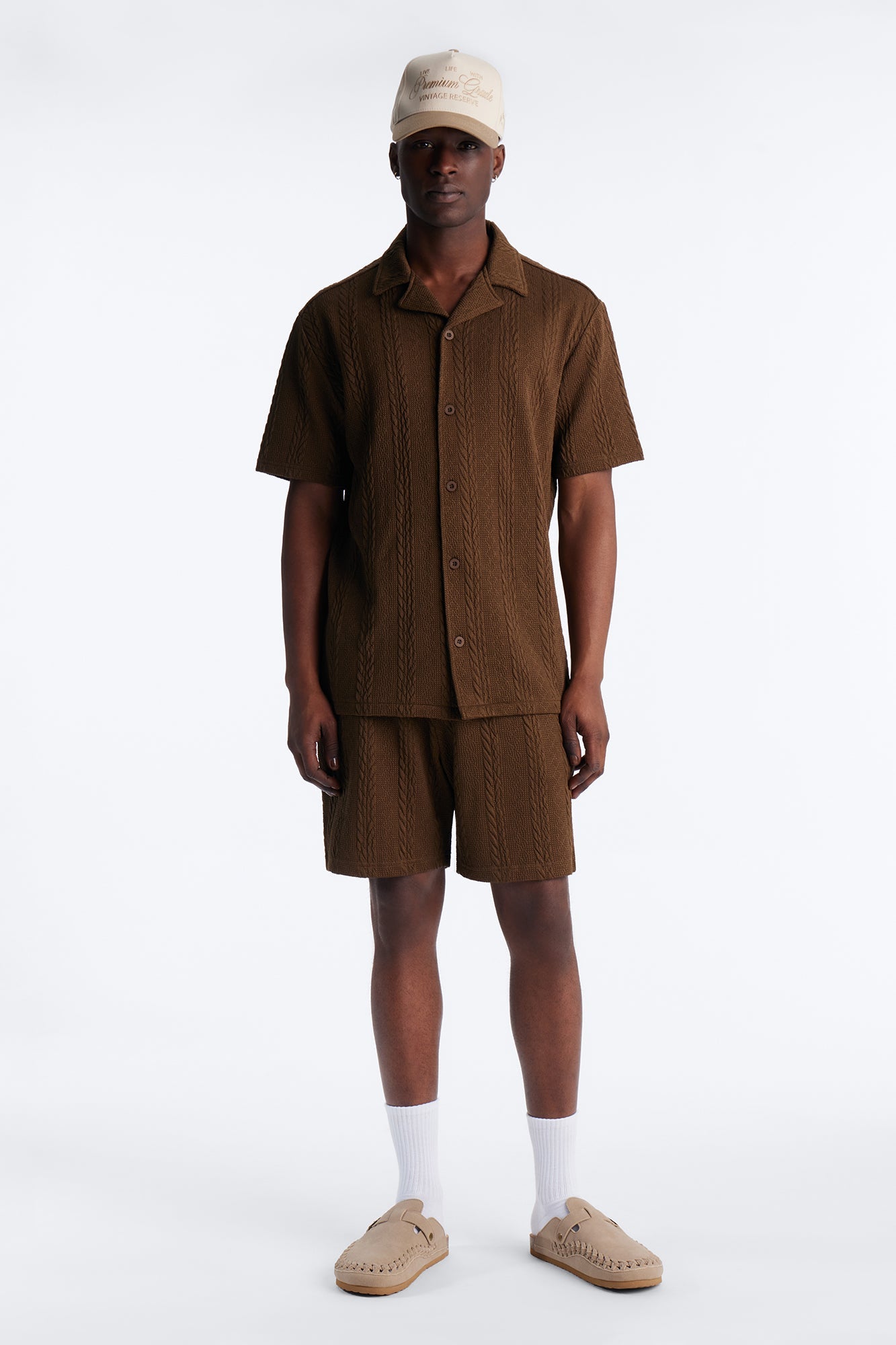Textured Stripes Cuban Short Sleeve Button Up Shirt - Brown