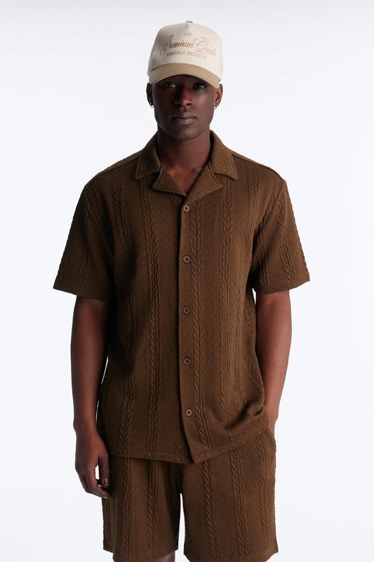 Textured Stripes Cuban Short Sleeve Button Up Shirt - Brown
