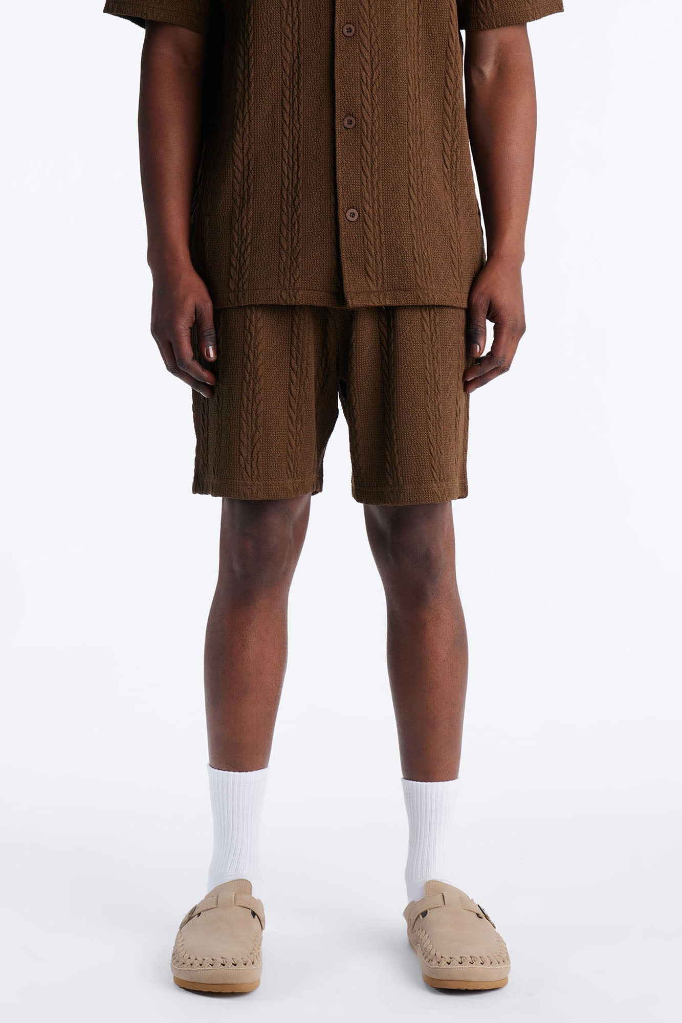 Textured Stripes Relaxed Drawstring Shorts - Brown