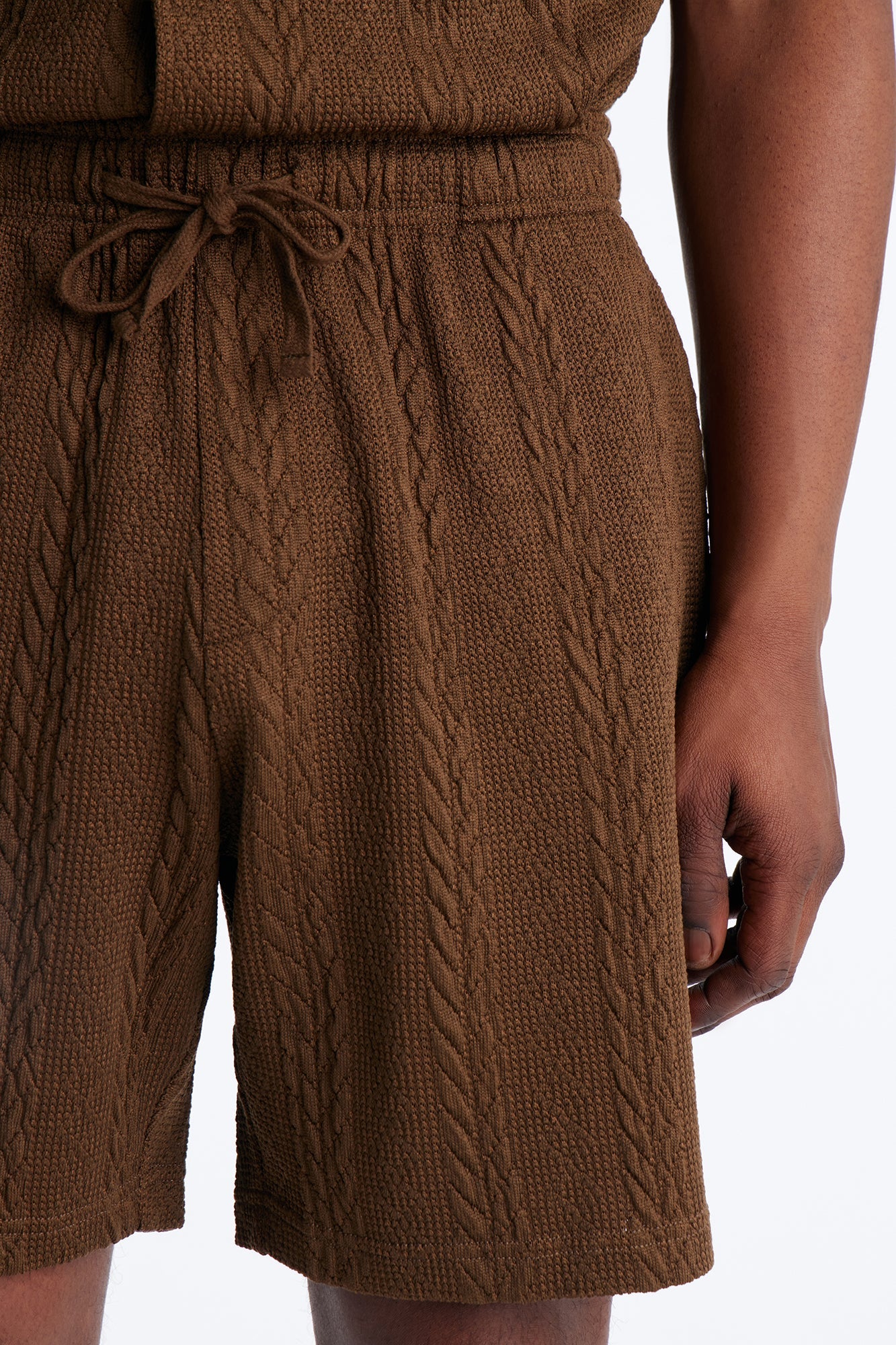 Textured Stripes Relaxed Drawstring Shorts - Brown