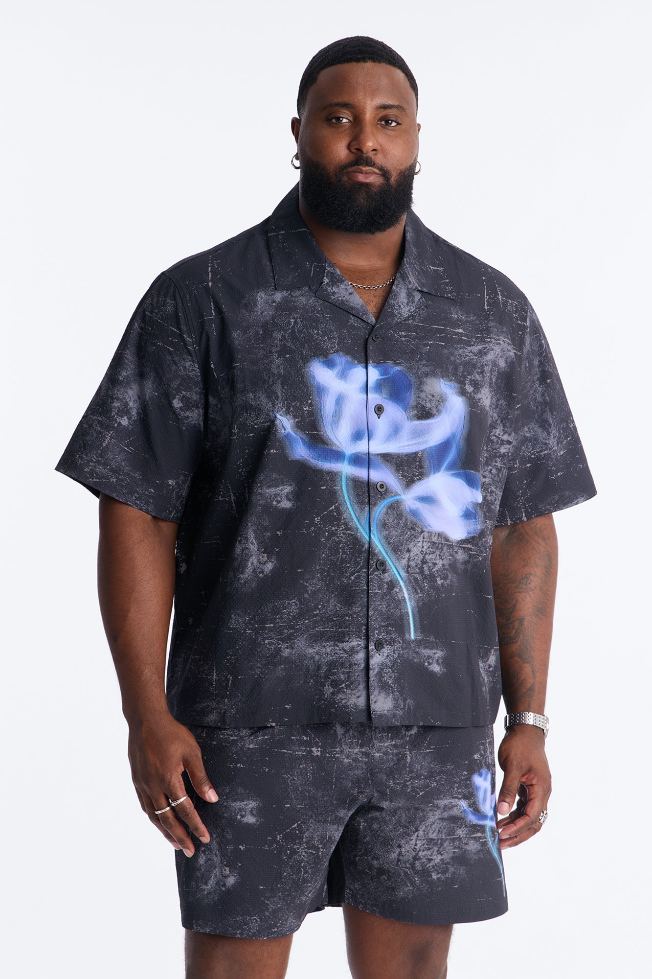 Relaxed Violet Static Seersucker Cuban Collar Up Shirt - Black