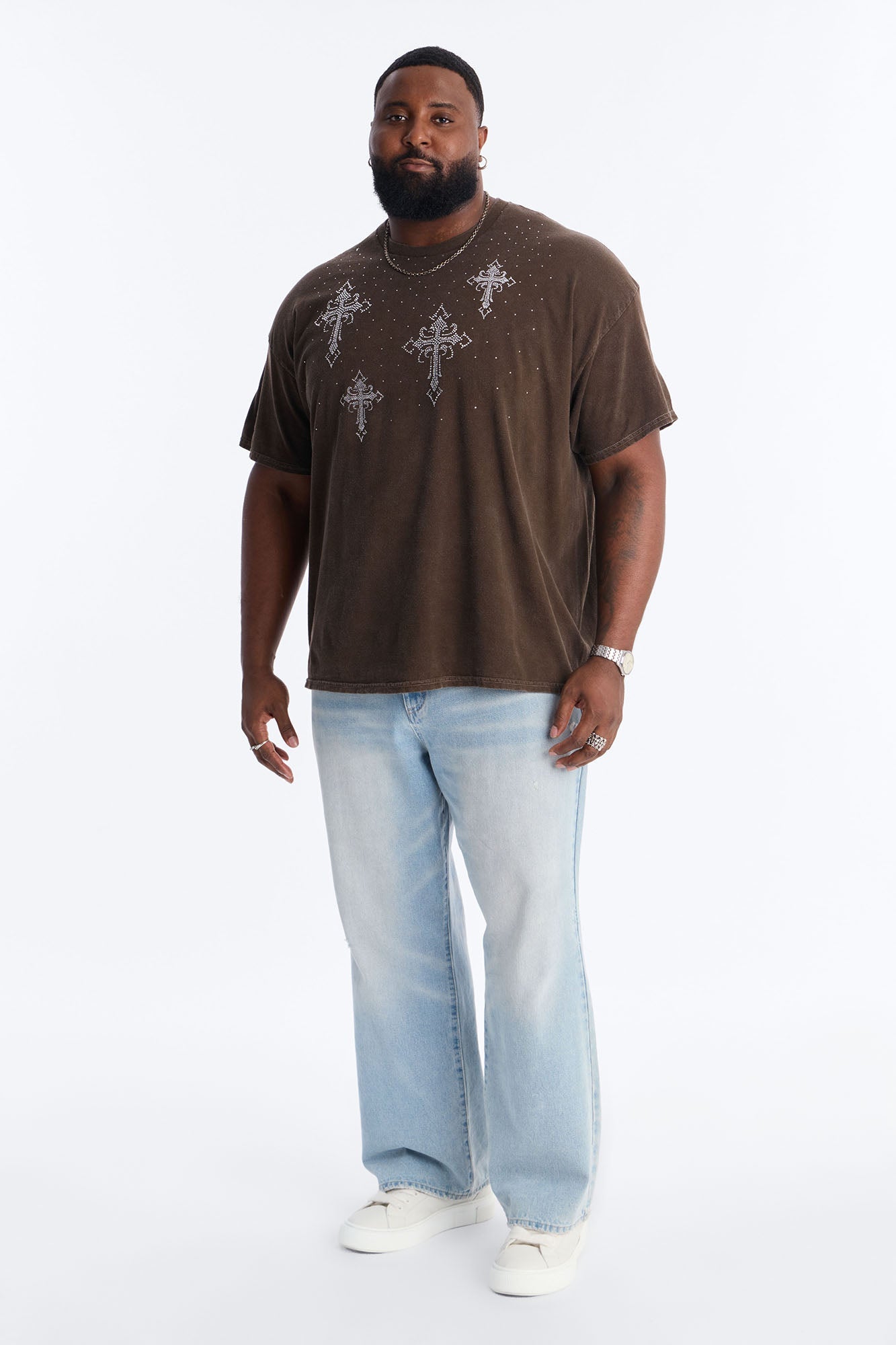 Bare The Cross Rhinestones Oversized Short Sleeve Tee - Chocolate