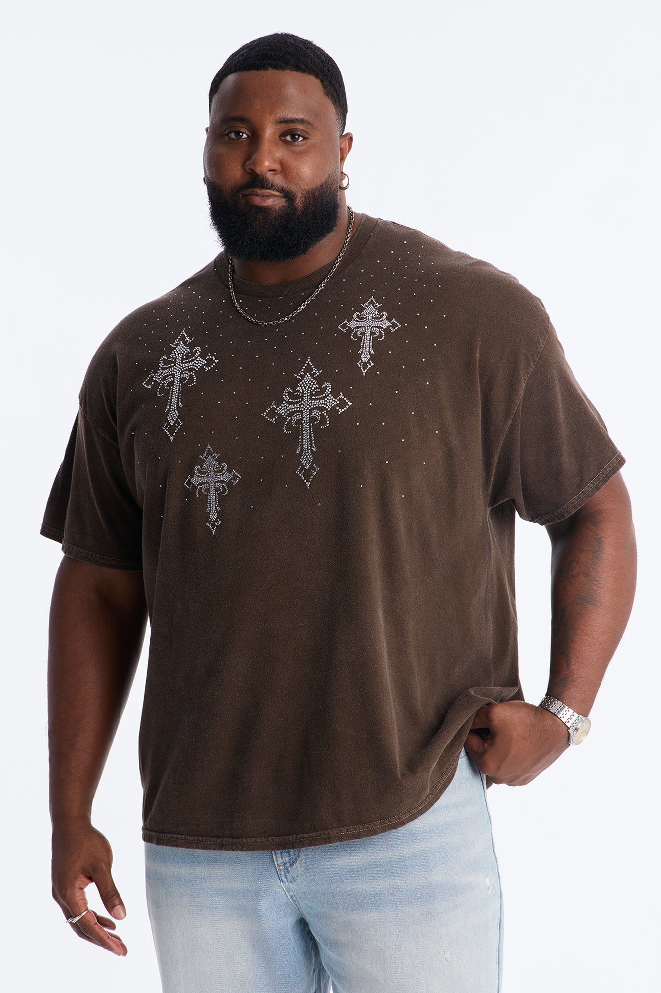 Bare The Cross Rhinestones Oversized Short Sleeve Tee - Chocolate
