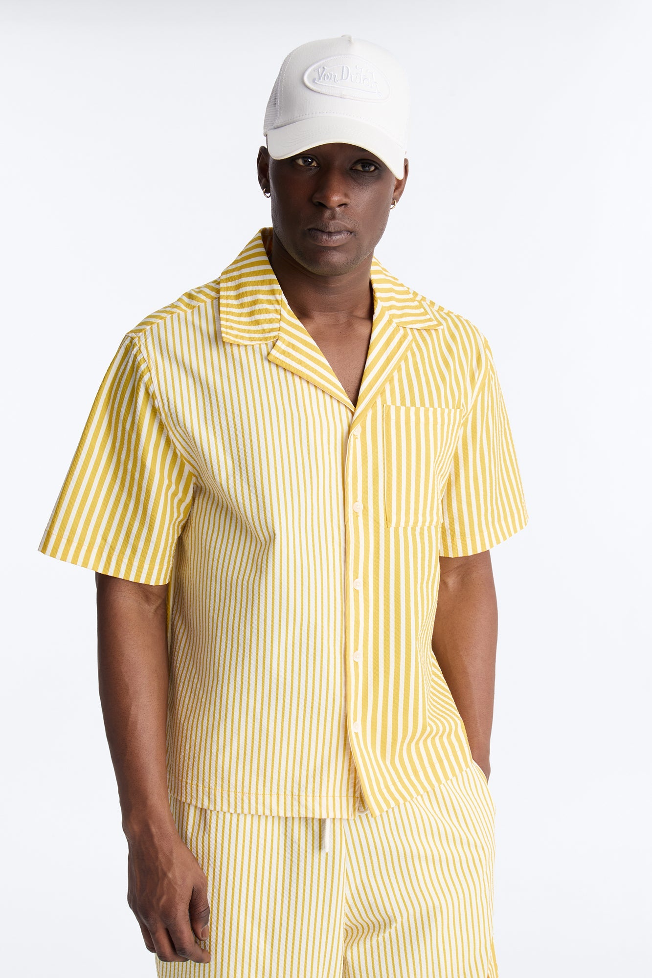 Passion Stripe Seersucker Cuban Button Up Shirt - Yellow