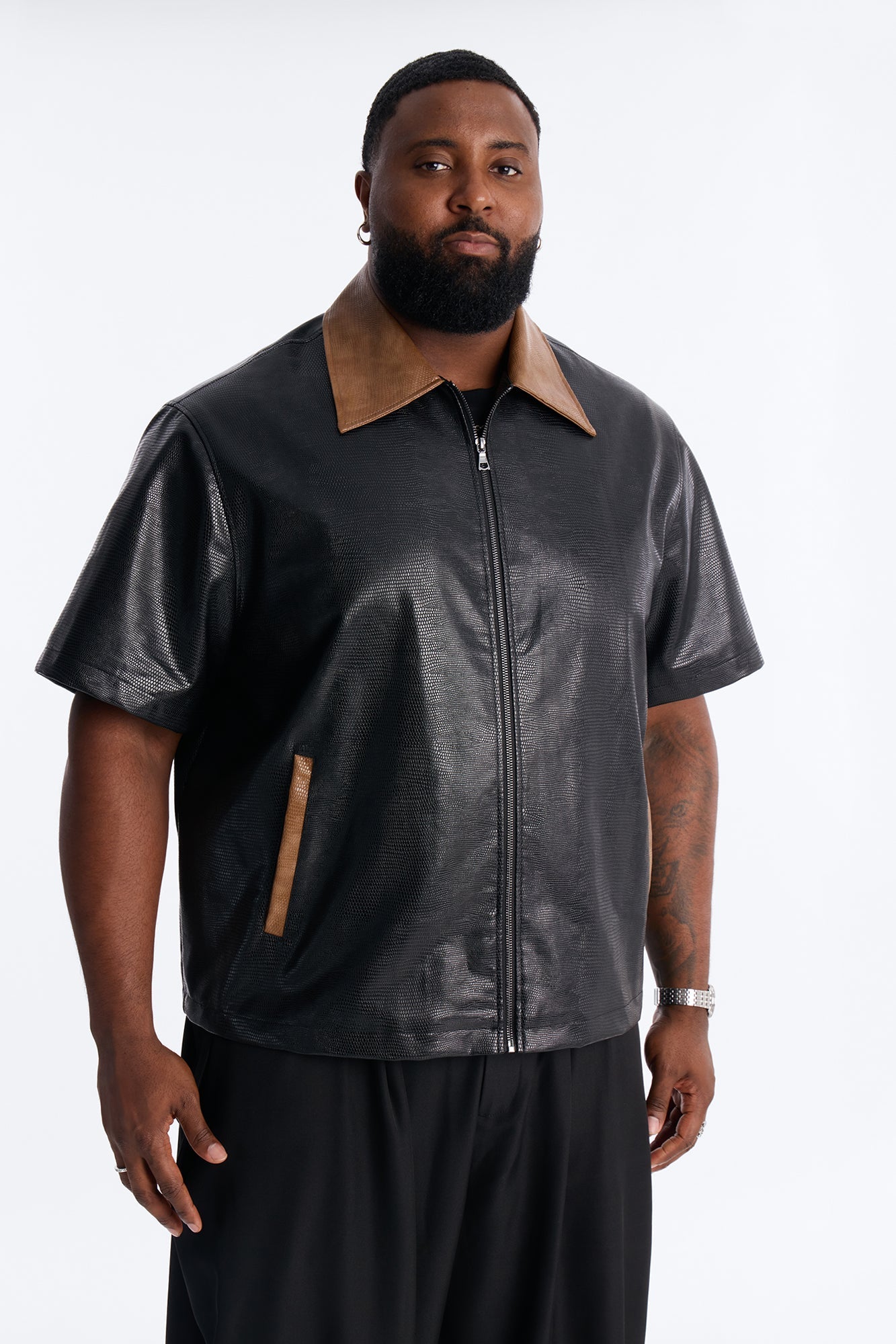 Onyx Cognac Zip Up Shirt - Black