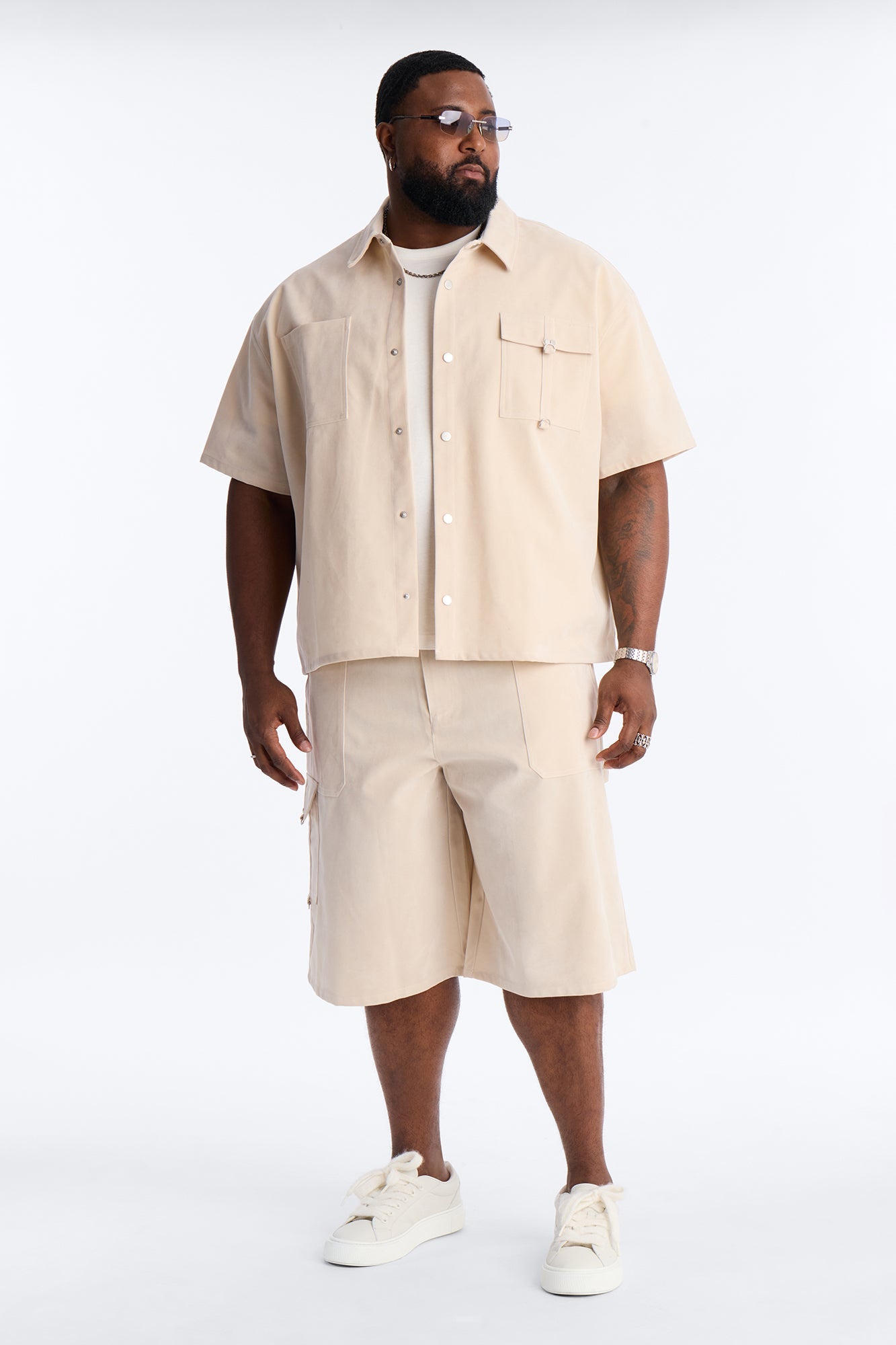 Boxy Cropped Ranch Faux Suede Utility Button Up Shirt - Stone