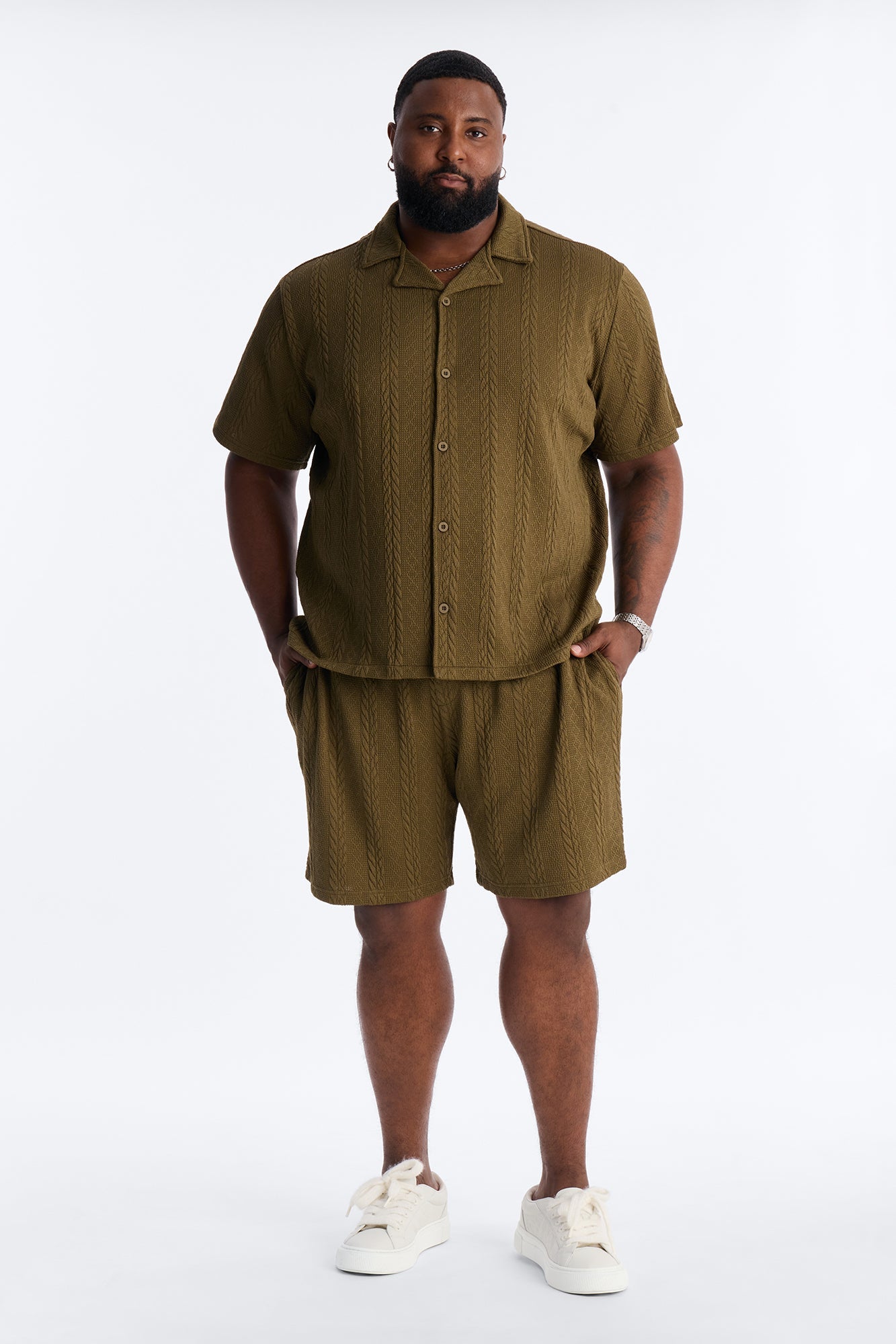 Textured Stripes Cuban Short Sleeve Button Up Shirt - Olive
