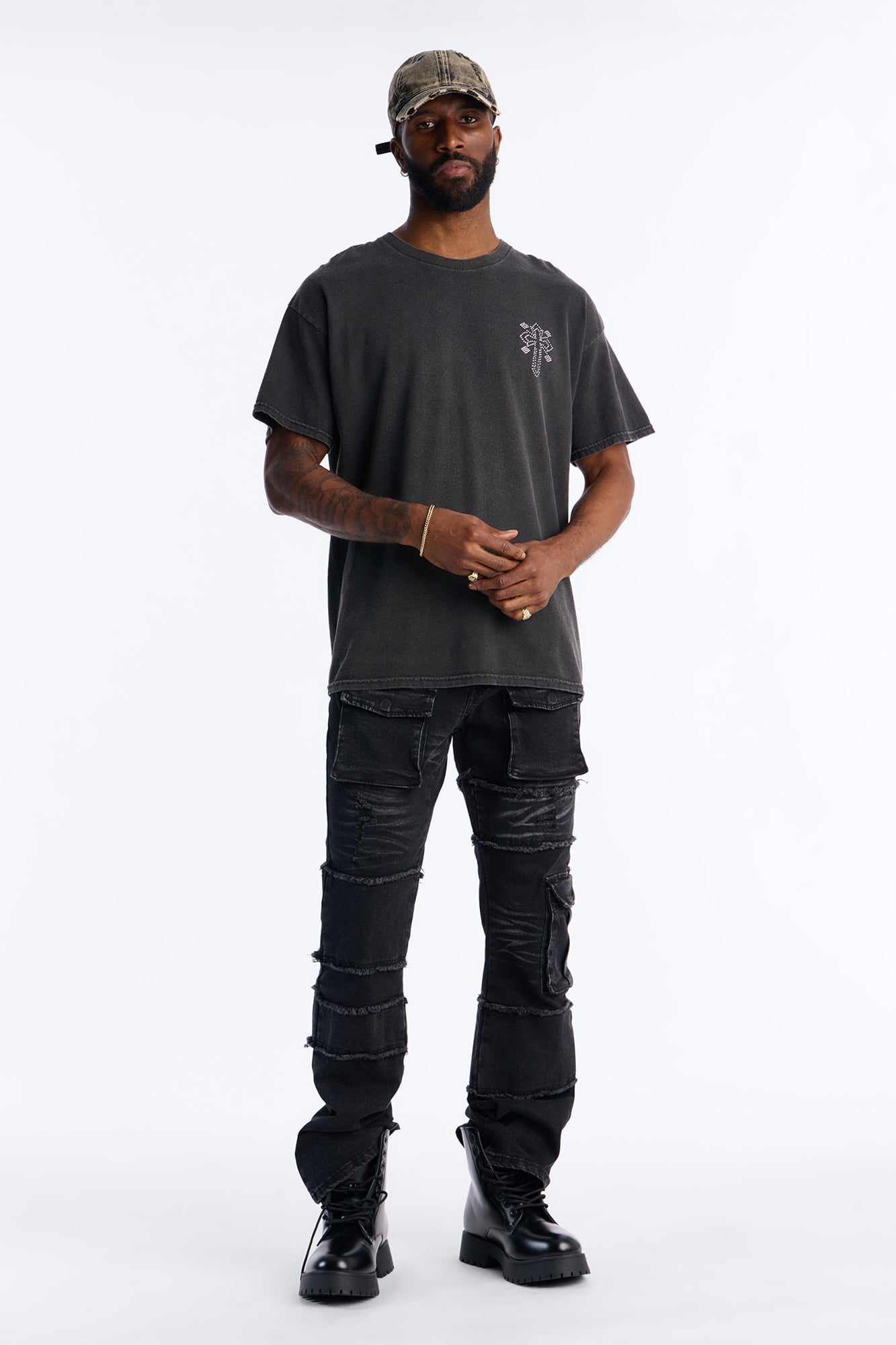 Cross My Heart Rhinestones Oversized Short Sleeve Tee - Black