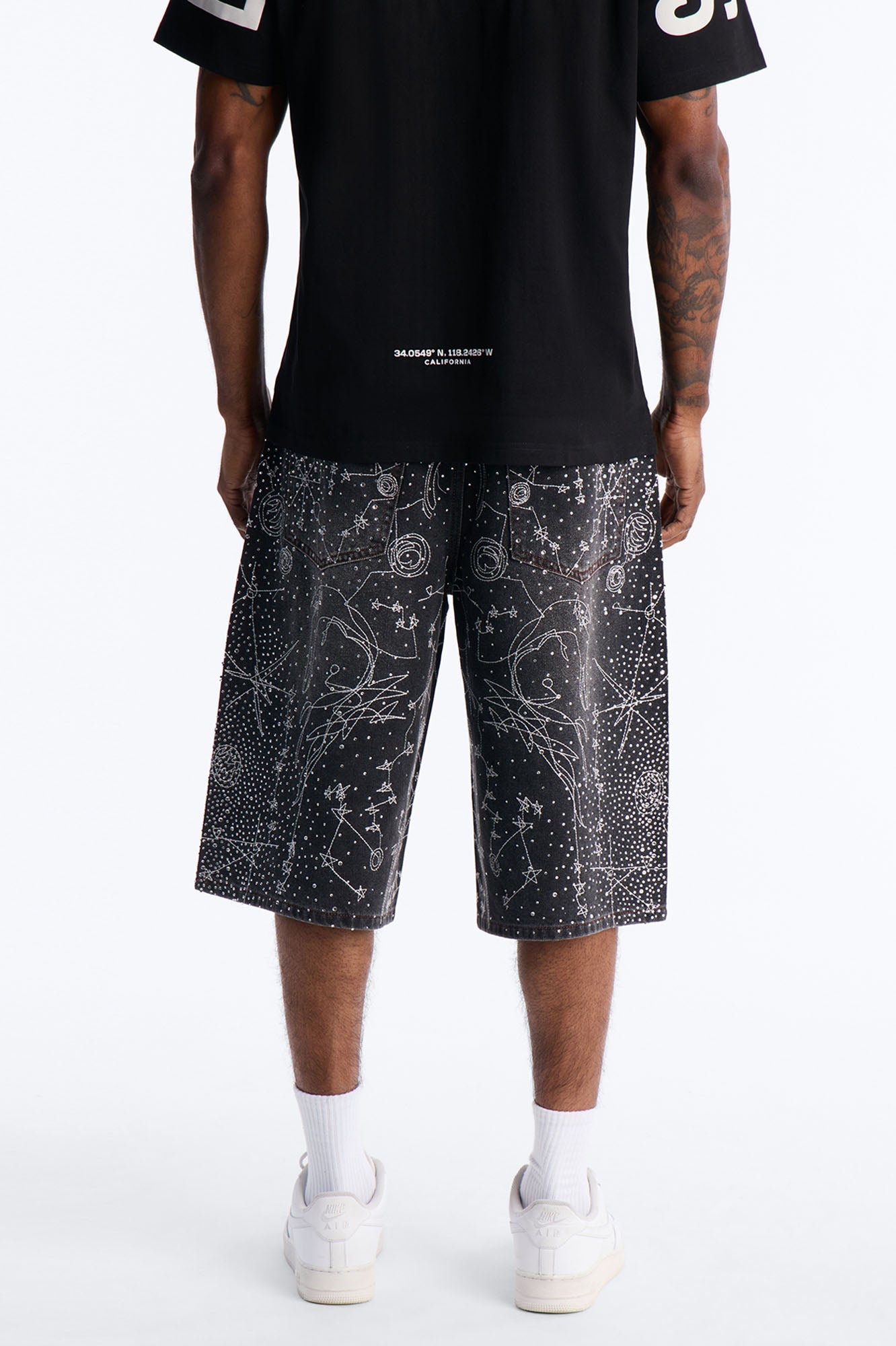 Rhinestone Interstellar Baggy Denim Short - Black Wash