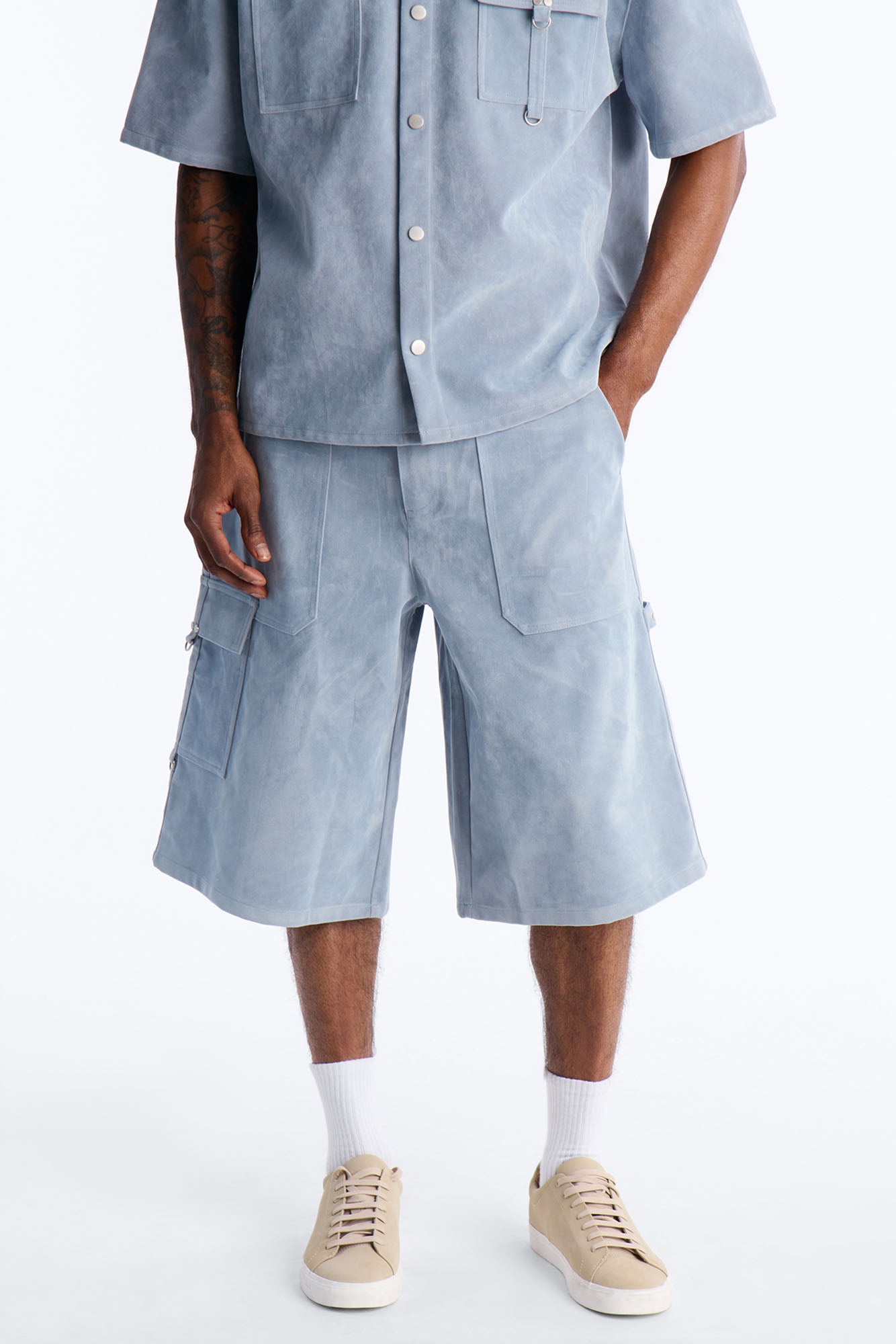Baggy Freedom Ranch Faux Suede Utility Short - Light Blue