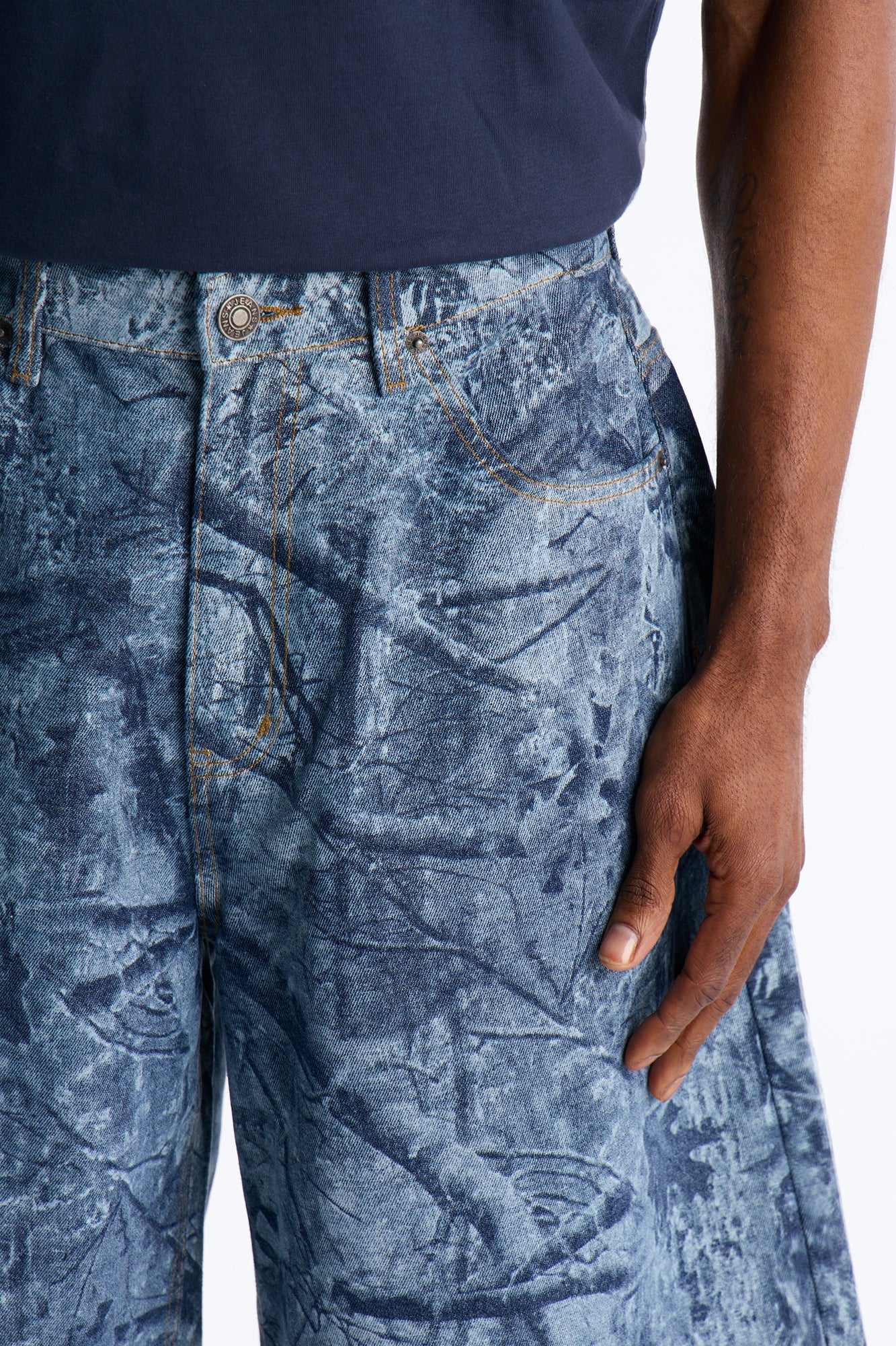 Super Baggy Concrete Camo Denim Short - Medium Blue Wash