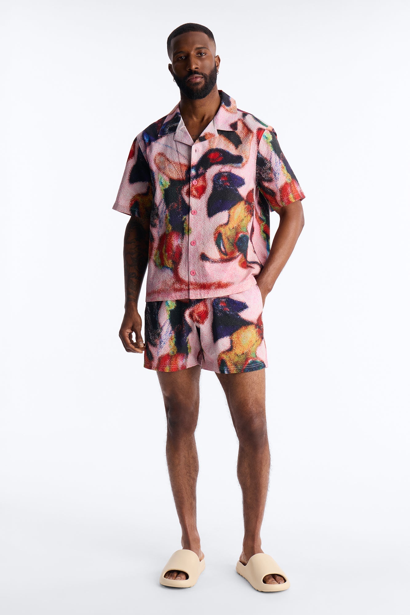 Relaxed Euphoric Blur Seersucker Cuban Button Up Shirt - Multi Color