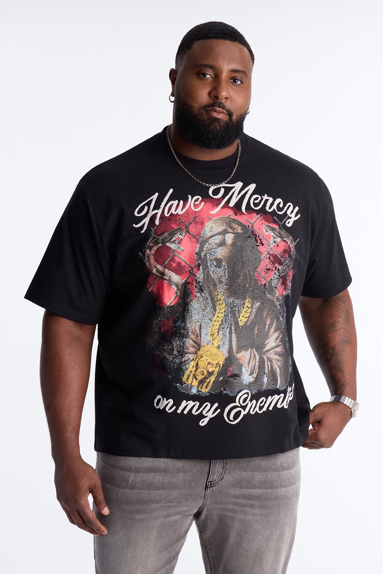 Have Mercy Glitter Print Short Sleeve Tee - Black