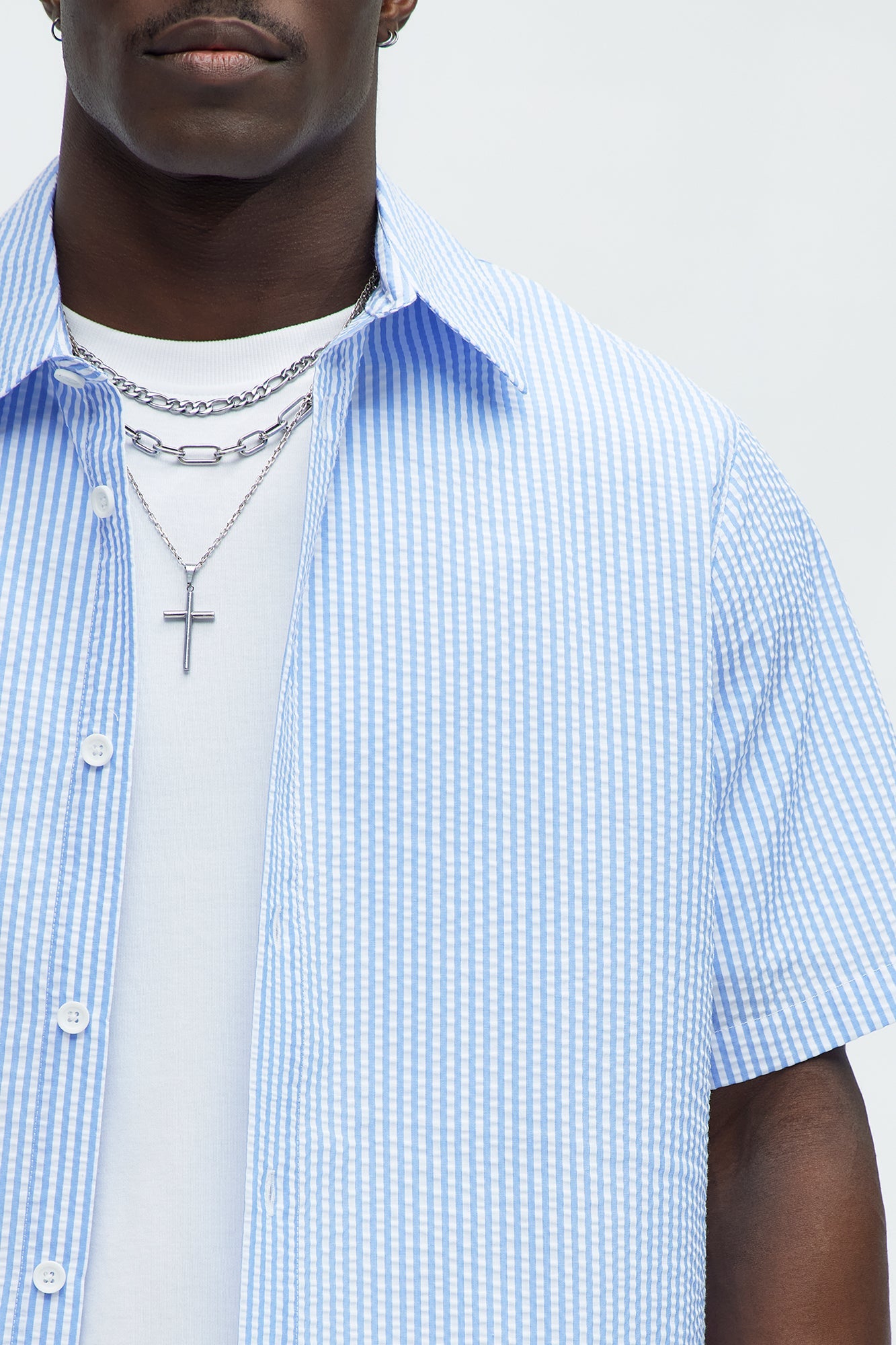 Seersucker Short Sleeve Button Up Shirt - Blue/combo
