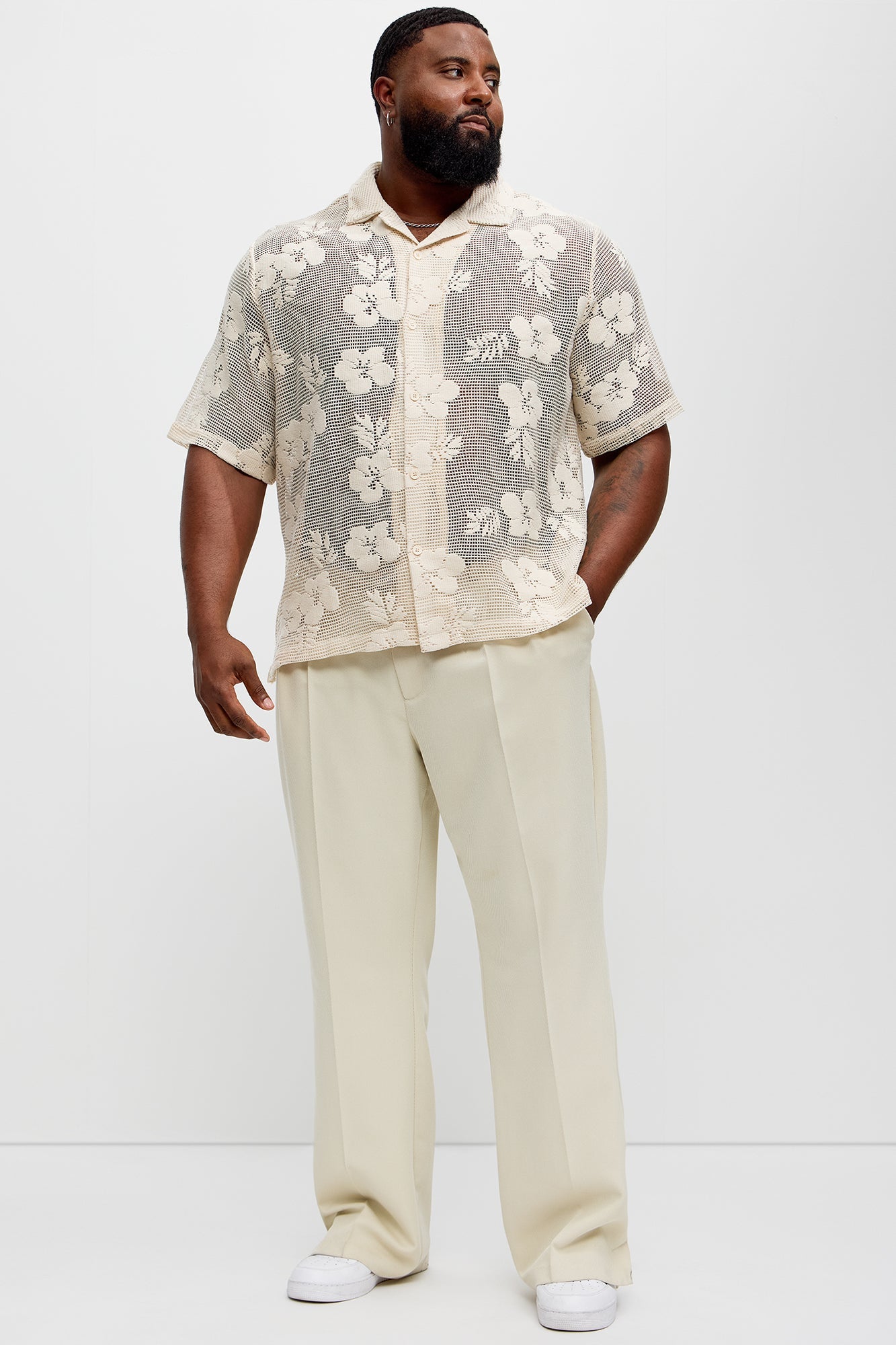 Carver Open Knit Crochet Cuban Shirt - Cream