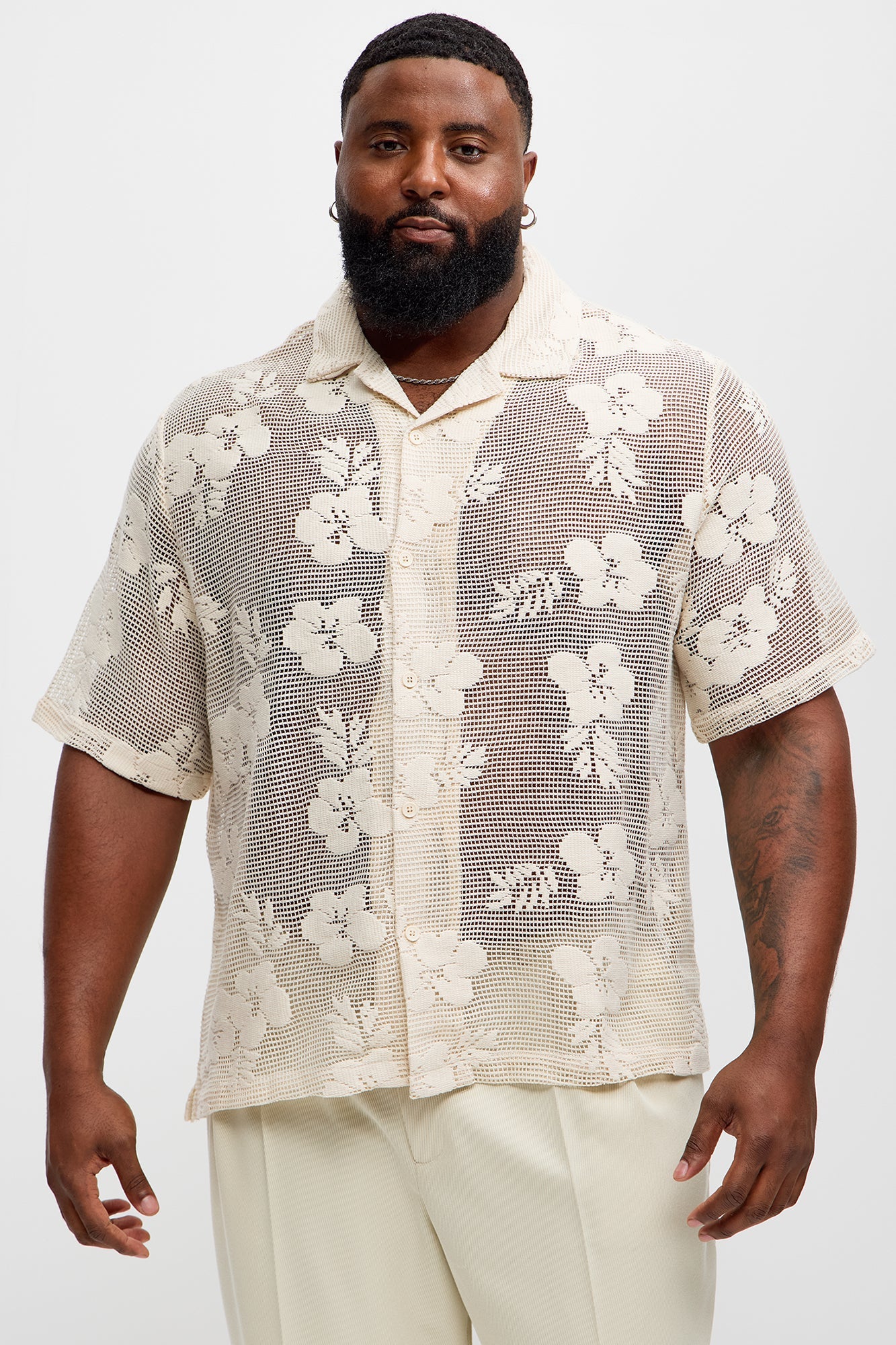 Carver Open Knit Crochet Cuban Shirt - Cream