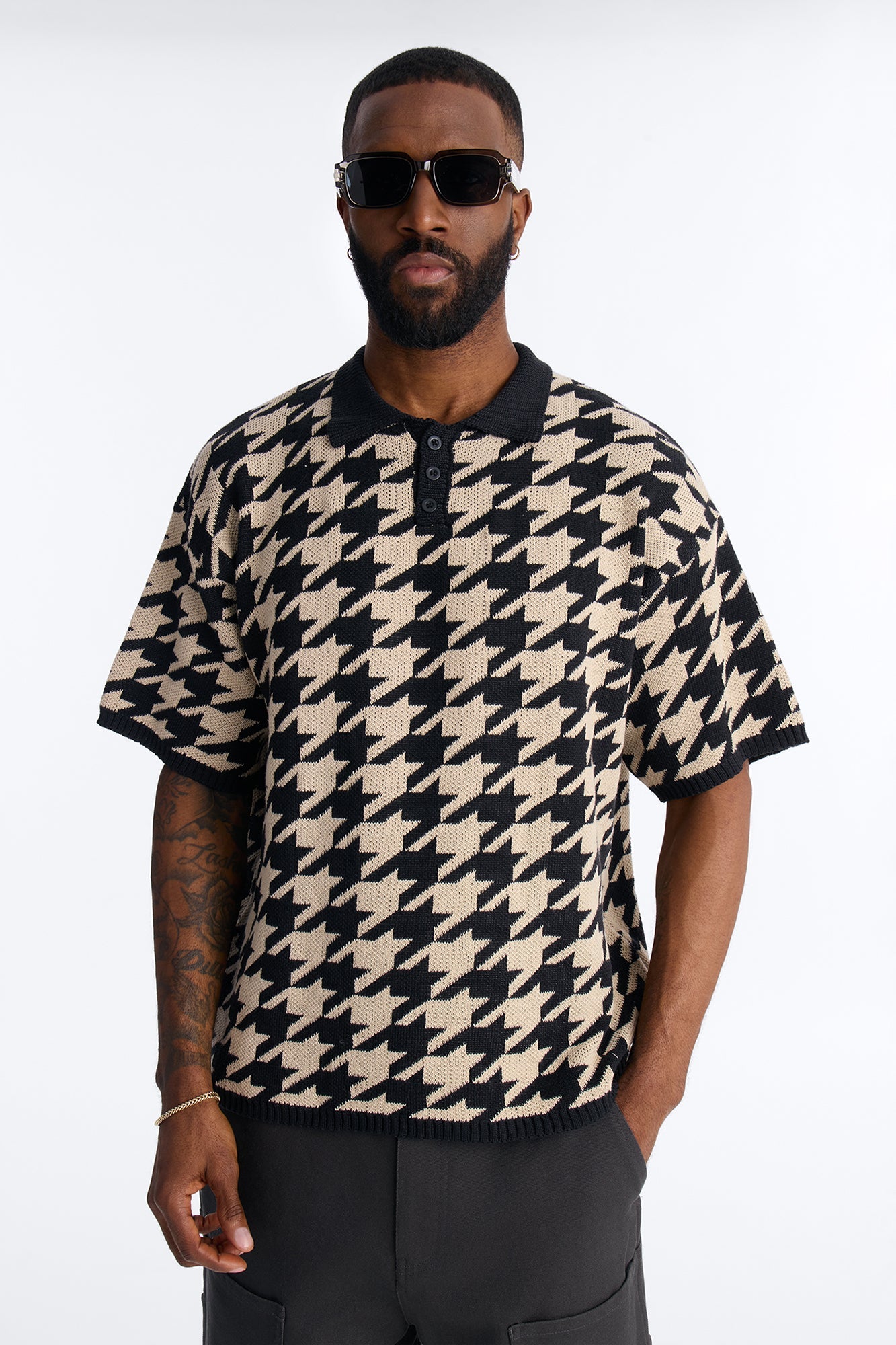 Houndstooth Short Sleeve Knitted Polo - Black
