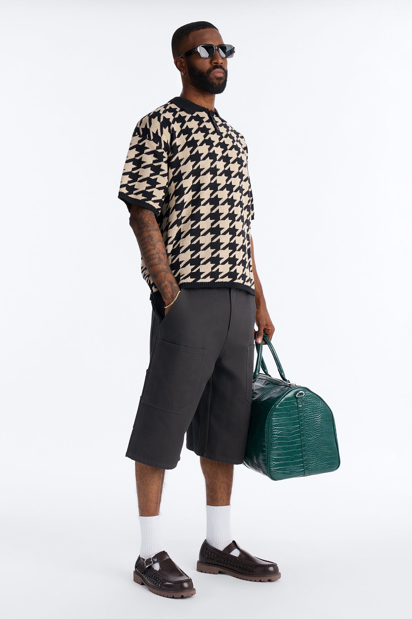 Houndstooth Short Sleeve Knitted Polo - Black