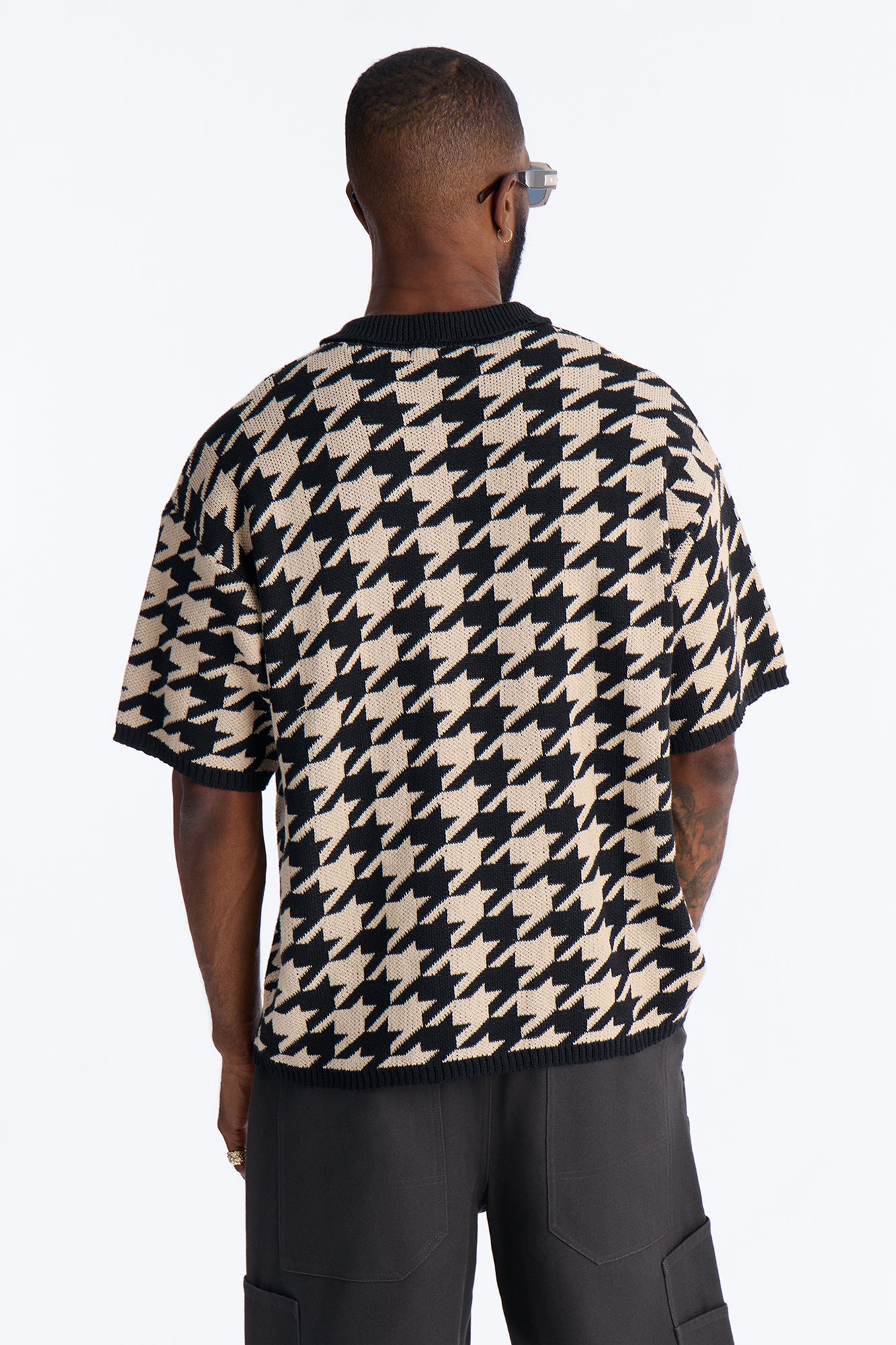 Houndstooth Short Sleeve Knitted Polo - Black