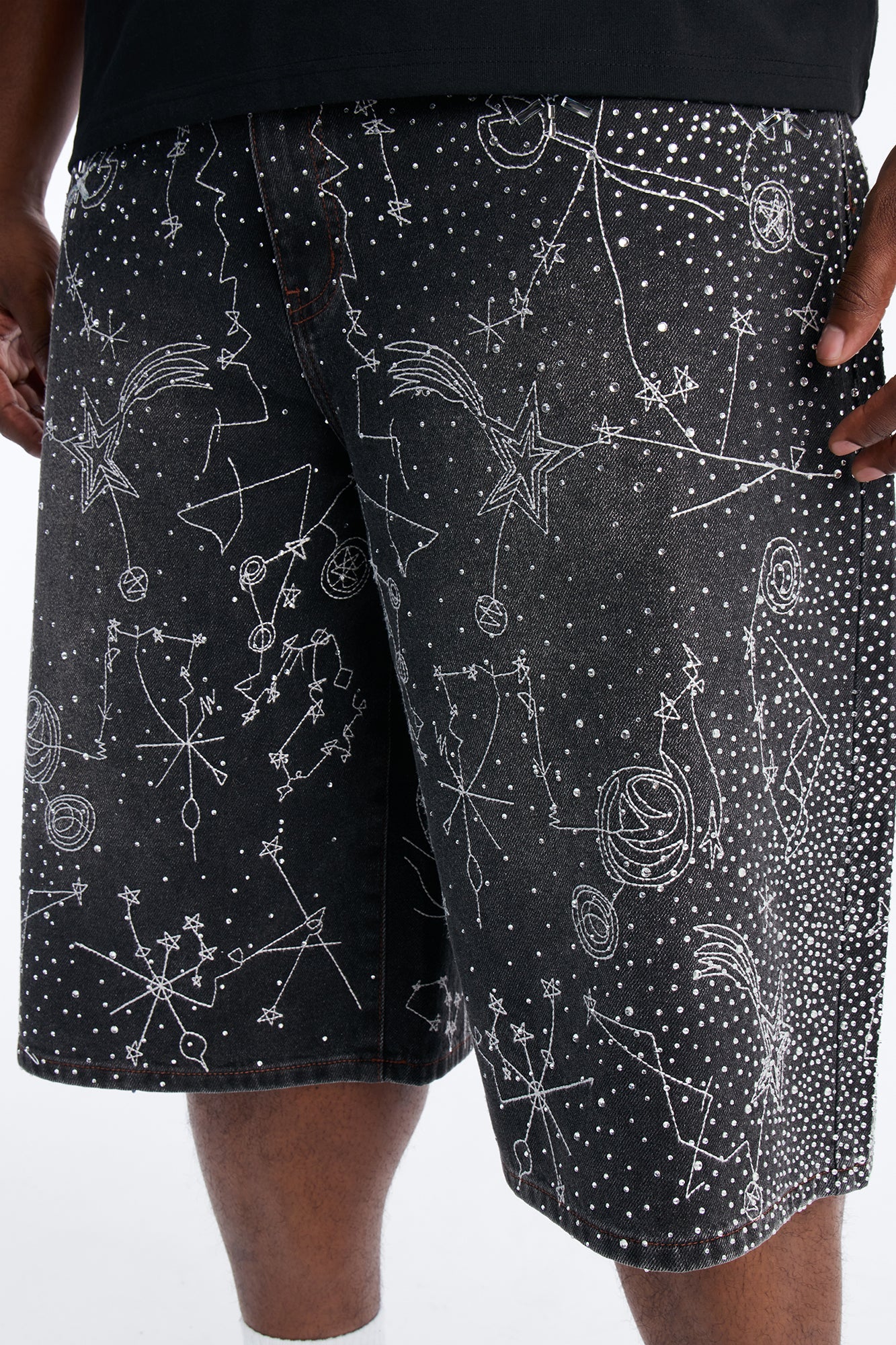 Rhinestone Interstellar Baggy Denim Short - Black Wash