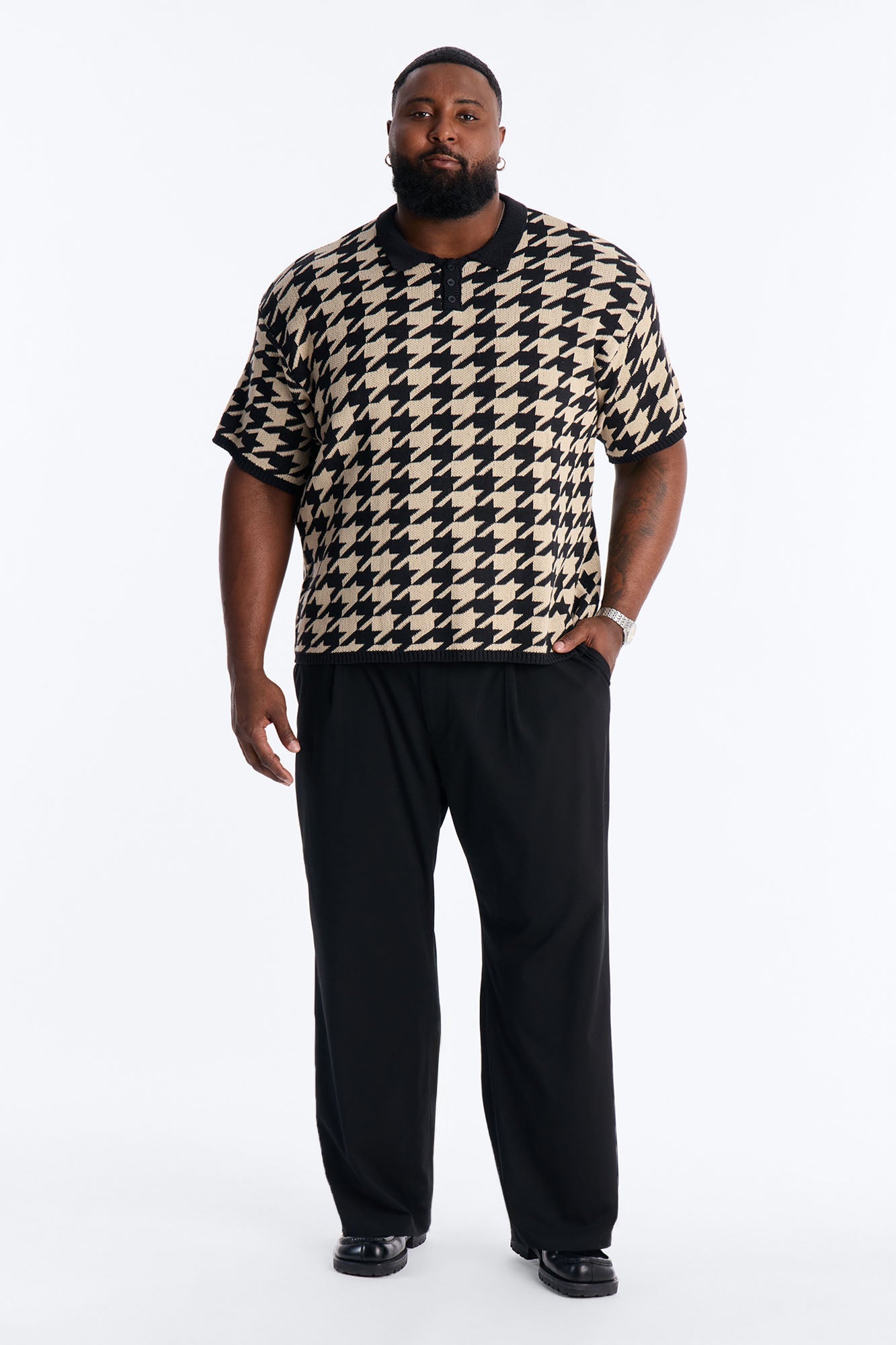 Houndstooth Short Sleeve Knitted Polo - Black