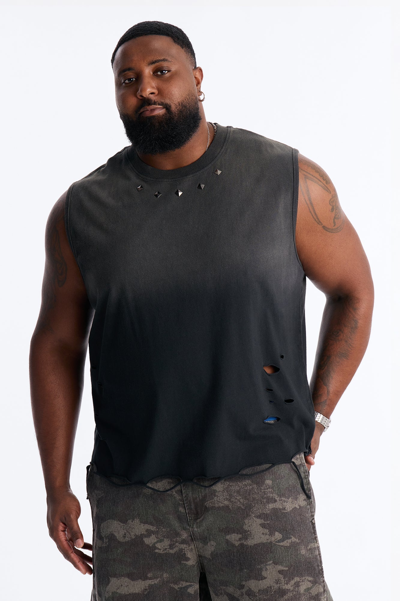 Washed Embellished Muscle Tee - Black