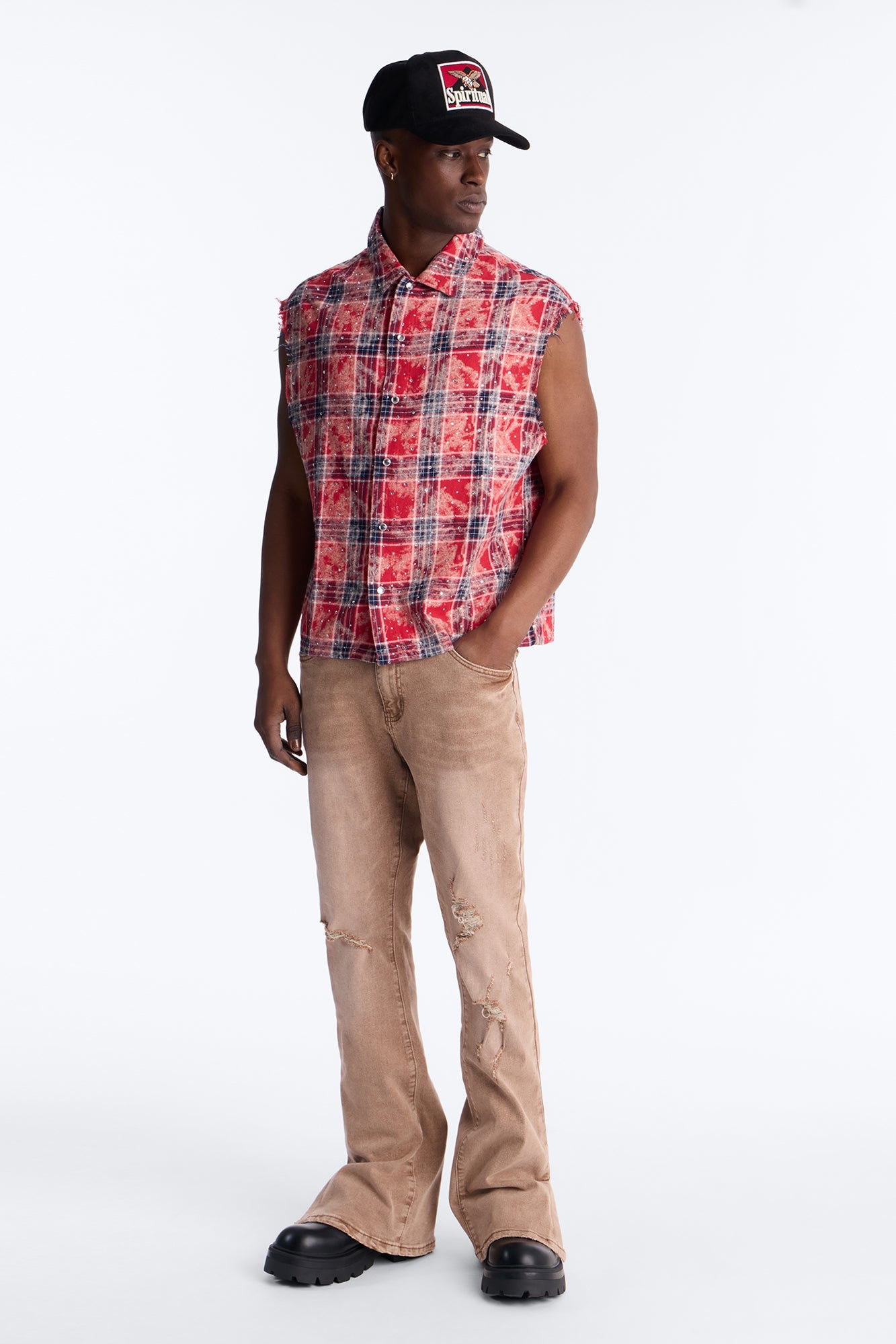 Rhinestone Rain Sleeveless Plaid Flannel - Red