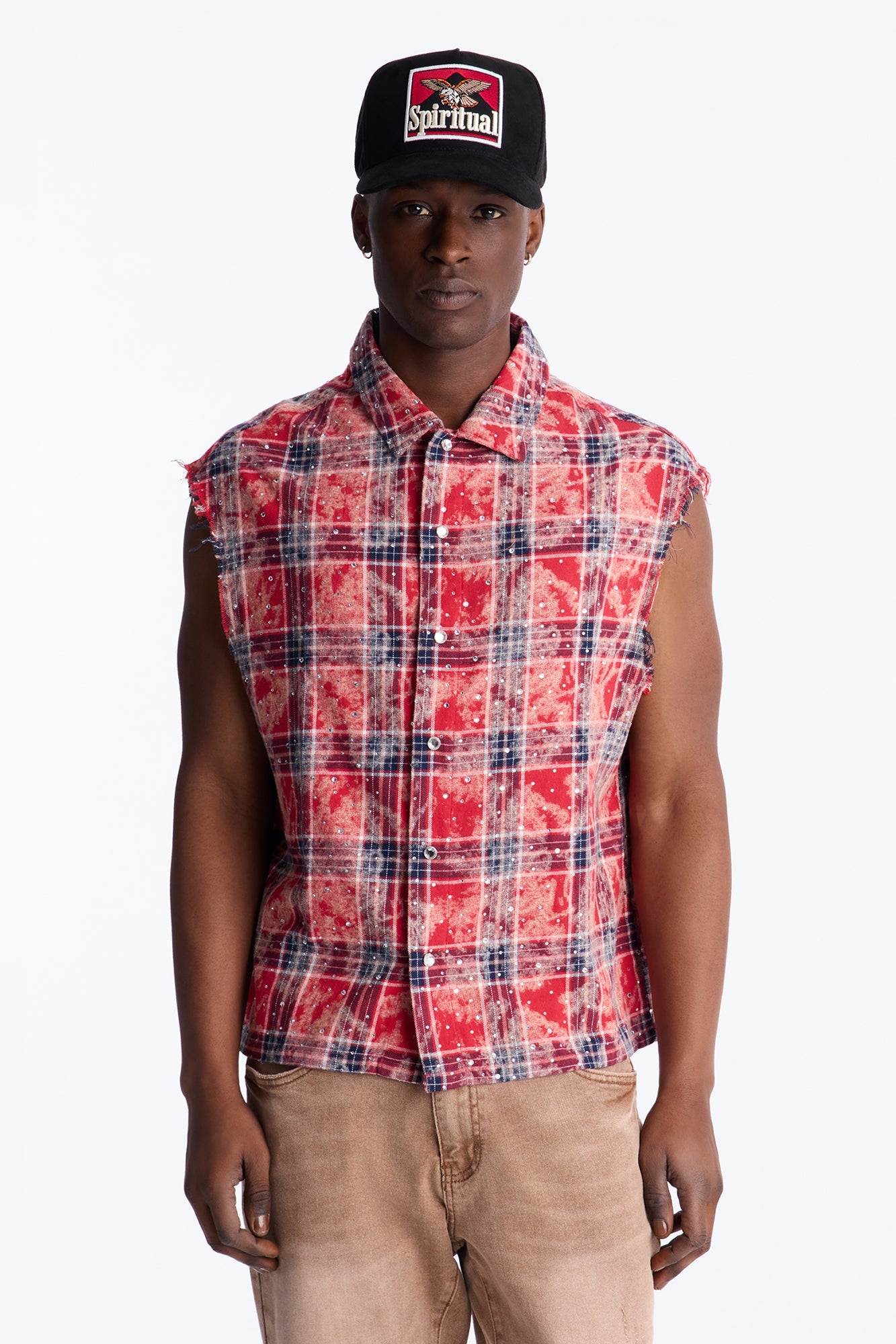 Rhinestone Rain Sleeveless Plaid Flannel - Red