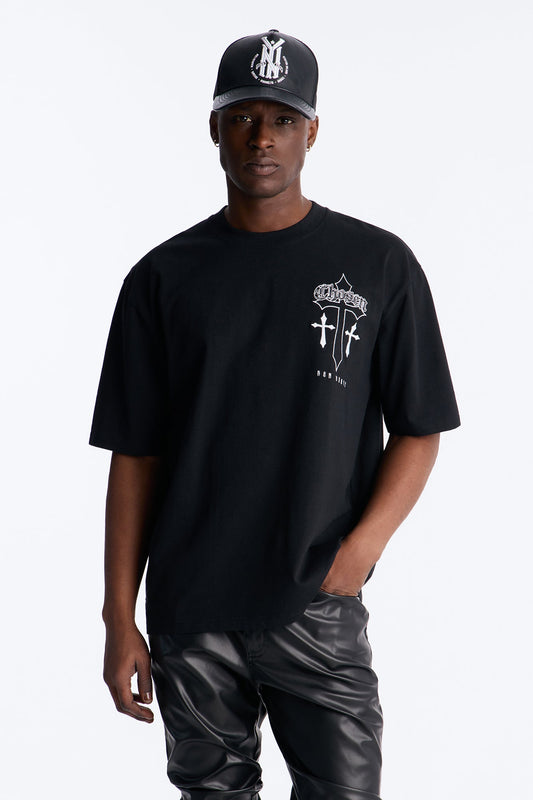 Chosen Cross Embroidery Short Sleeve Tee - Black