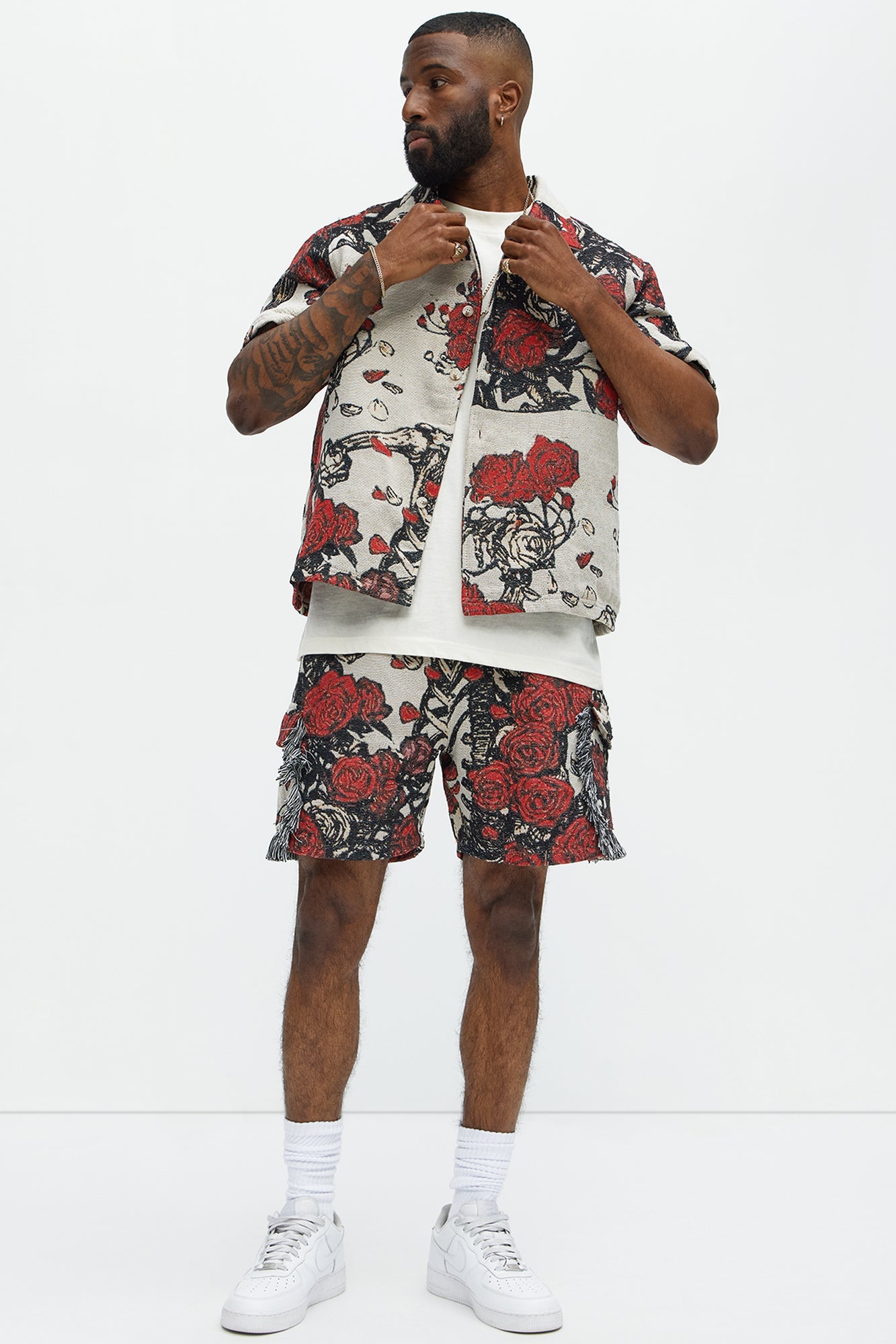 Petals Tapestry Short Sleeve Button Up Shirt - Red/combo