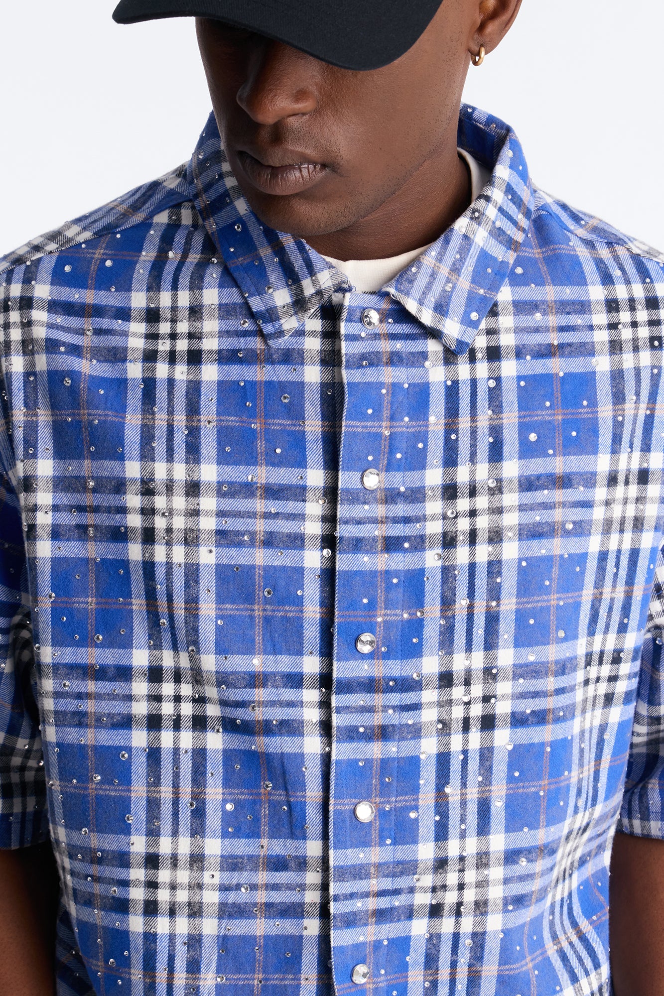 Rhinestone Rain Short Sleeve Plaid Flannel - Royal