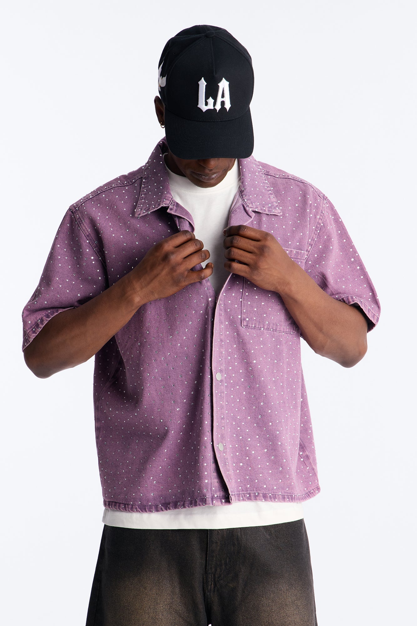 Cropped Embellished Denim Button Up Shirt - Purple