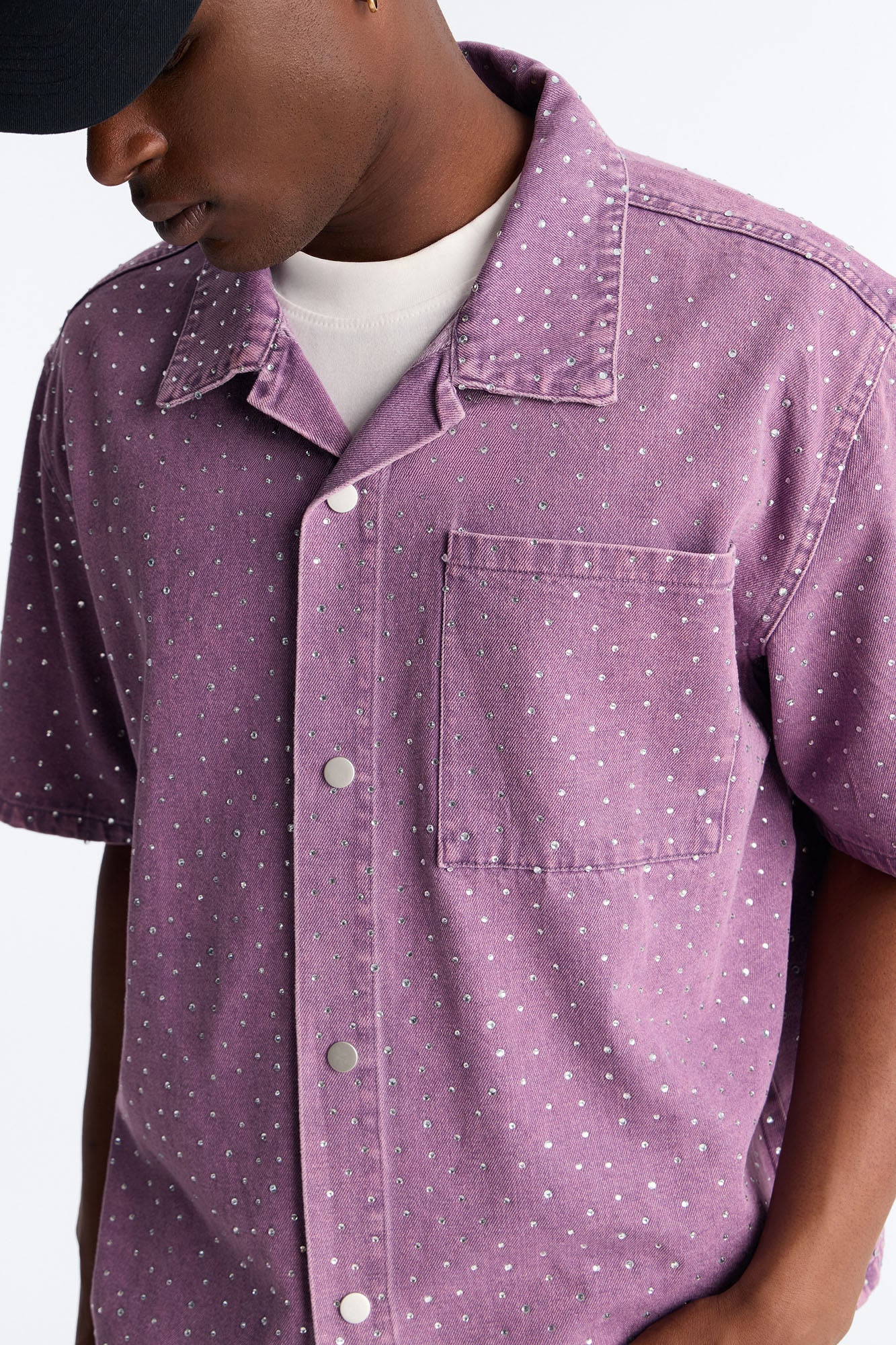 Cropped Embellished Denim Button Up Shirt - Purple
