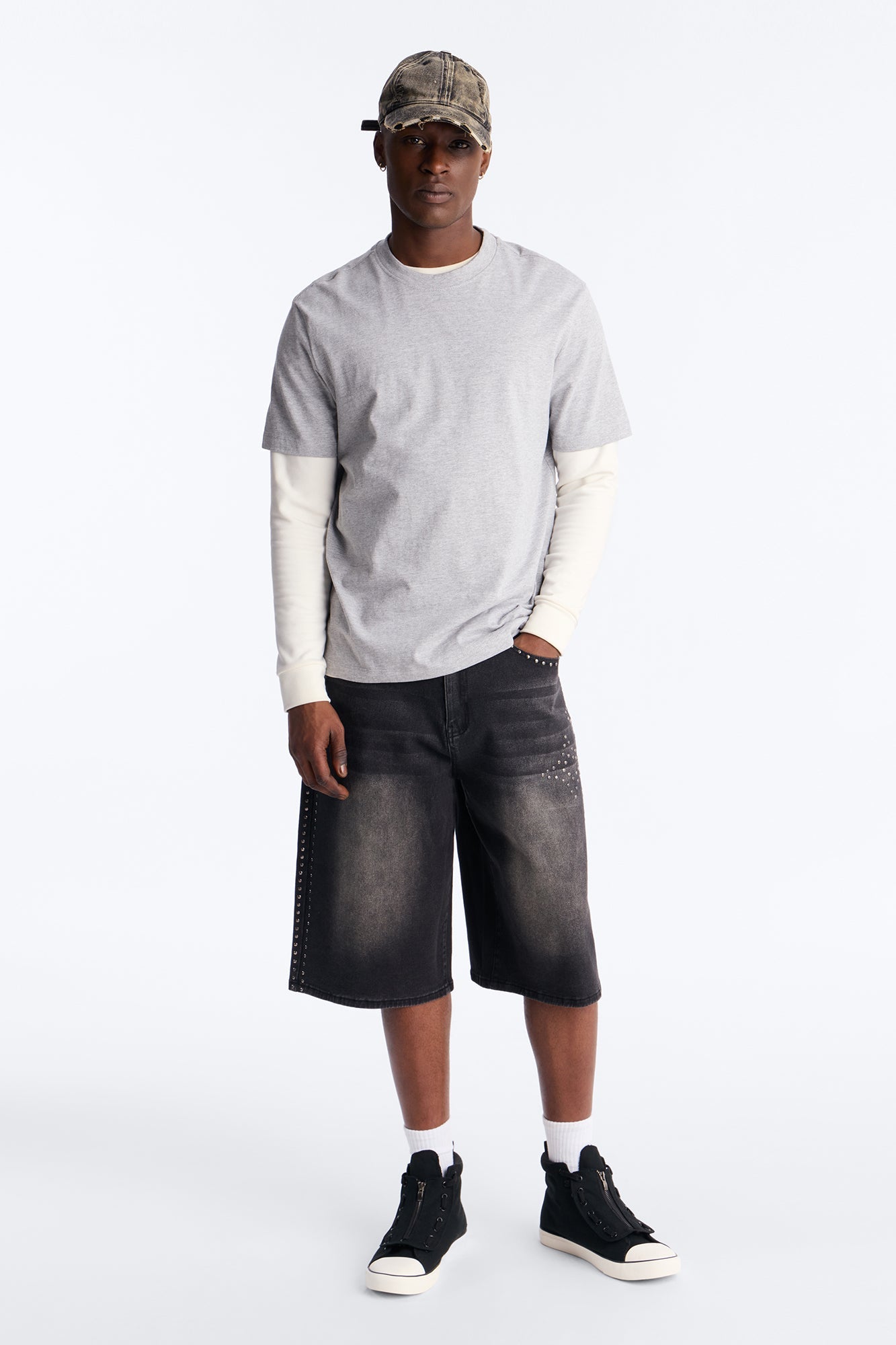 In Denim We Trust Baggy Studded Denim Short - Black Wash