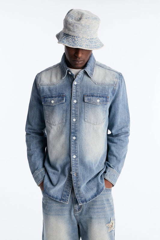 Stars And Stripes Long Sleeve Button Up Denim Shirt - Vintage Blue Wash