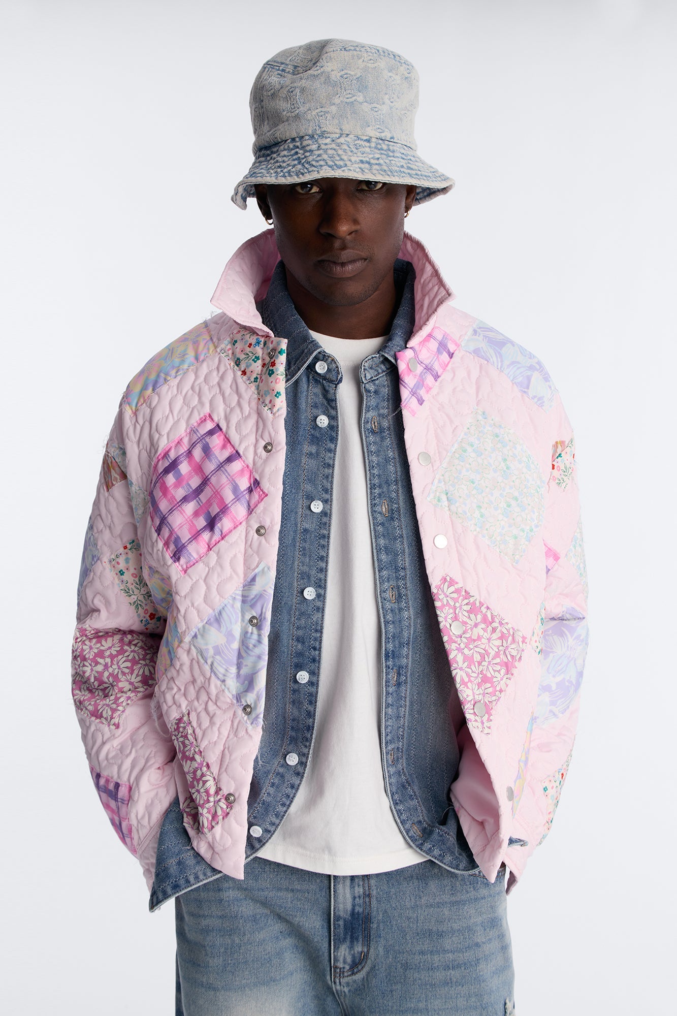 Cropped Quilted Frayed Patchwork Work Jacket - Pink
