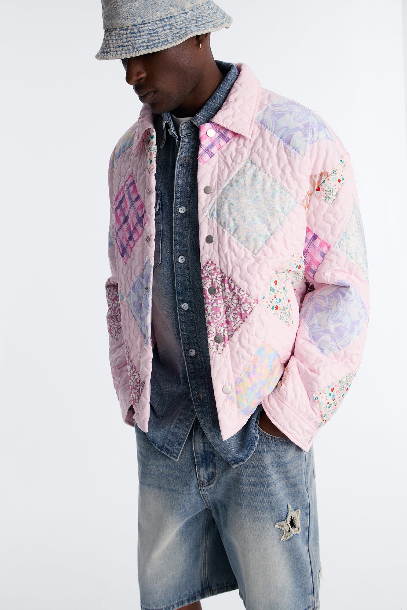 Cropped Quilted Frayed Patchwork Work Jacket - Pink