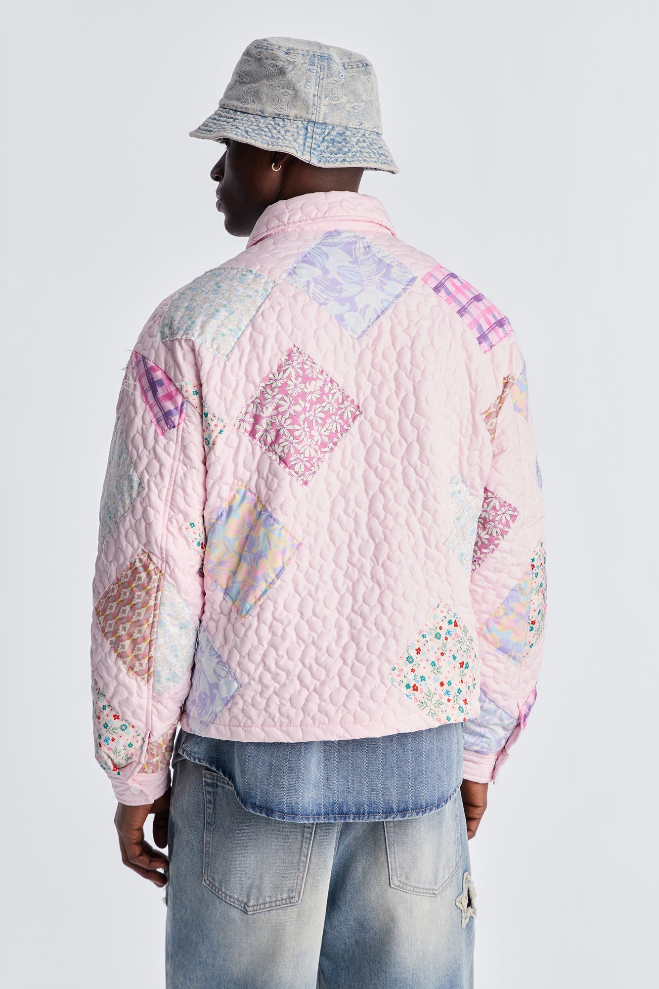 Cropped Quilted Frayed Patchwork Work Jacket - Pink