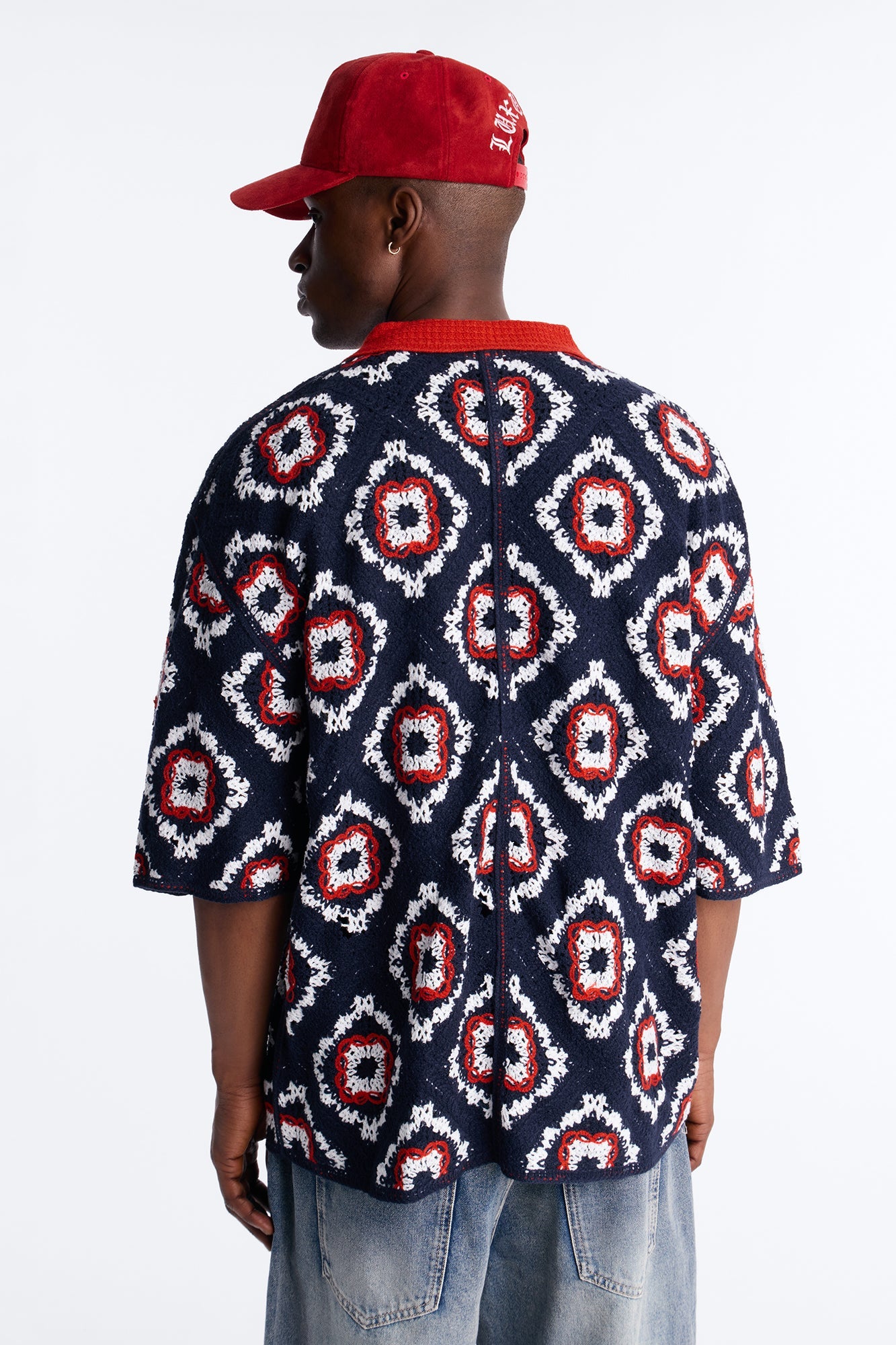 Kaleido Bloom Crochet Button Up Shirt - Navy
