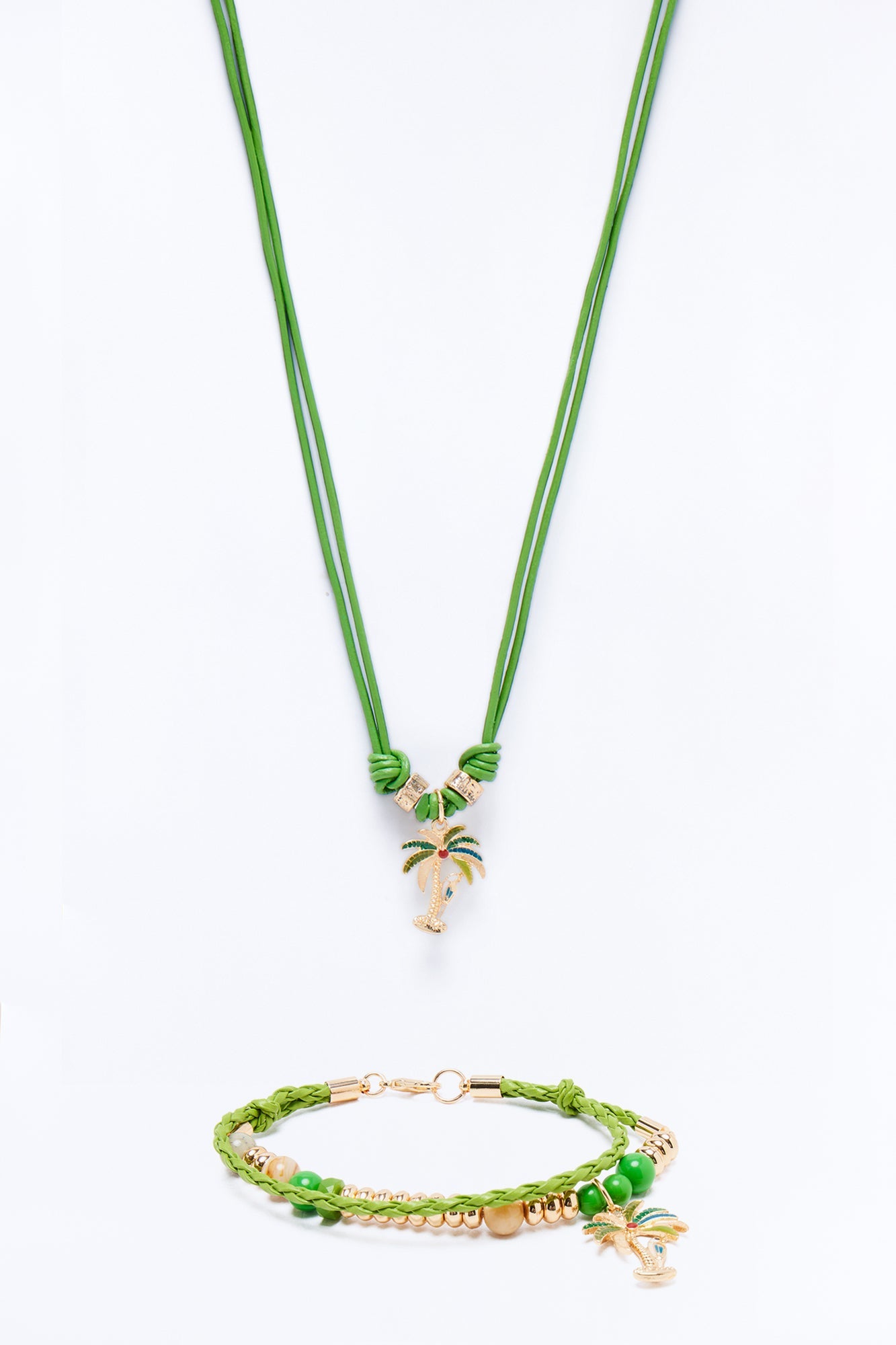 Paradise Faux Leather Cording Necklace And Bracelet Set - Gold/Green