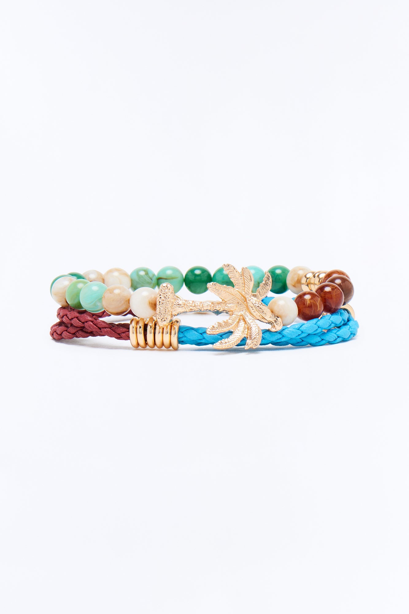 Palm Mixed Material Bead Bracelet Set - Gold/Multi